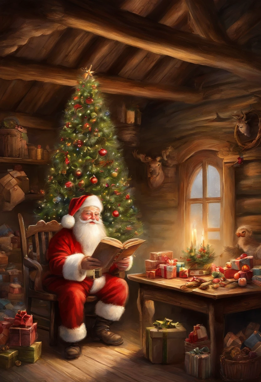 In a European-style house，Santa Claus is looking at the gift list，Gift decoration Christmas tree, santa, The ground is full of Christmas gifts，very high resolution, traditional art, Santa Claus Studio, 超高分辨率, illustration, Christmas evening, Extremely high resolution, Santa Claus in a country barn, hyper realisitc，Exquisite、best qualtiy、超詳細、Fine、Positioning details、Colorful colorful