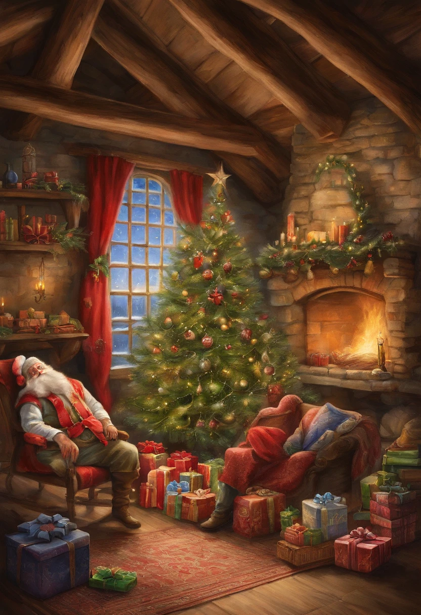 In a European-style house,Santa Claus is looking at the gift list,Gift decoration Christmas tree, santa, The ground is full of Christmas gifts,very high resolution, traditional art, Santa Claus Studio, 超高分辨率, illustration, Christmas evening, Extremely high resolution, Santa Claus in a country barn, hyper realisitc,Exquisite、best qualtiy、超詳細、Fine、Positioning details、Colorful colorful