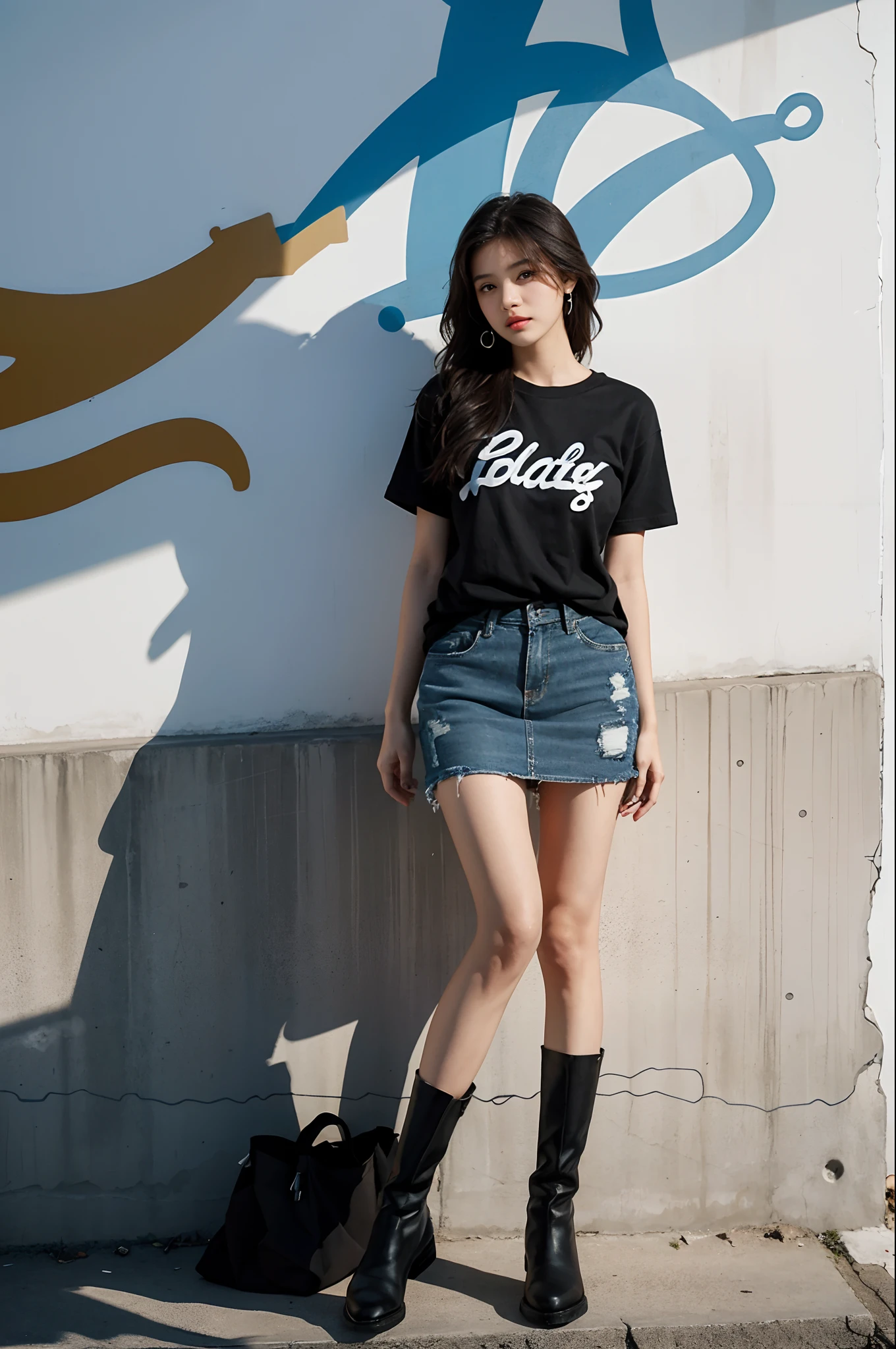 1girl in,In front of a wall graffitied with spray,Soft light、The face remains a model、Wear a black one-point long T-shirt、Wearing a green denim skirt、Wear black boots、Solo Shot、model shot