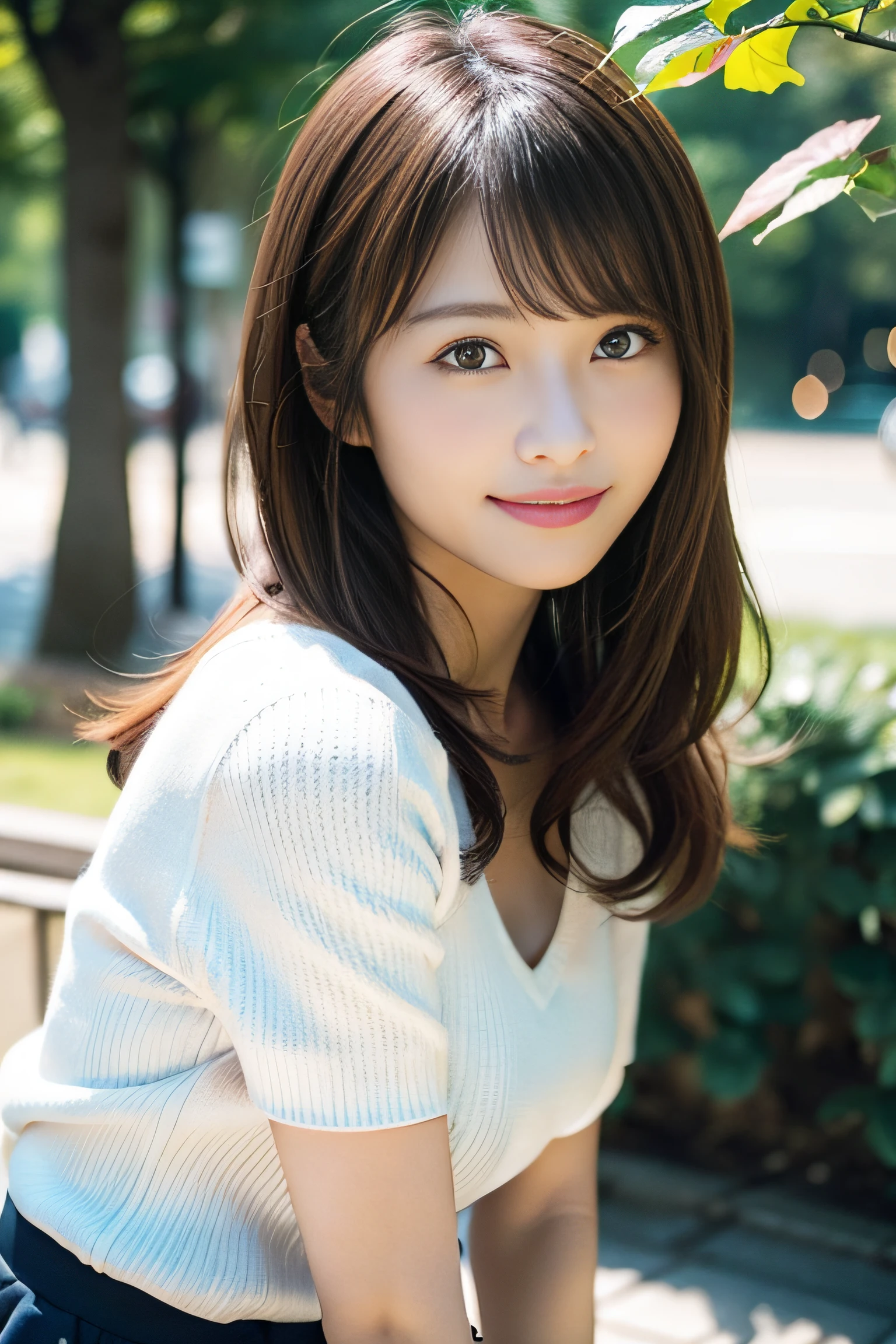in 8K,Best Quality:1.4, 超A high resolution:1.5, (Photorealistic:1.4),masterpiece:1.2,(top-quality:1.4)、 Raw photo、(the background is blurred), A park on a hill with a good view:1.4、On the lawn、FULL BODYSHOT:1.5、 1日本人の女の子, Cute, (Solo), (Shy smile), Smooth skin、(30-years old:1.4)、to stand、Check miniskirt、Cute mini skirt、 (Brown medium hair,Bangs), (touch hair:1.4)、nogizaka、cute little、Supple fingertips,Beautiful black eyes、natural skin textures:1.3, realistic eyes and face details:1.7、middlebreasts、gazing at viewer、gravure、beauty legs、autumnal