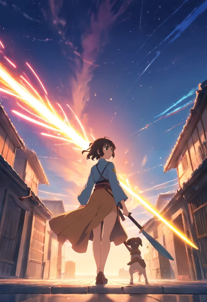 tmasterpiece,best qualtiy,cinematic Film still from,7 officers and soldiers,With a spear,In the ancient courtyard,Floating in the sky,closeup cleavage,brightly,cheerfulness,Warm and soft lighting,the sunset,(spark of light:0.7)