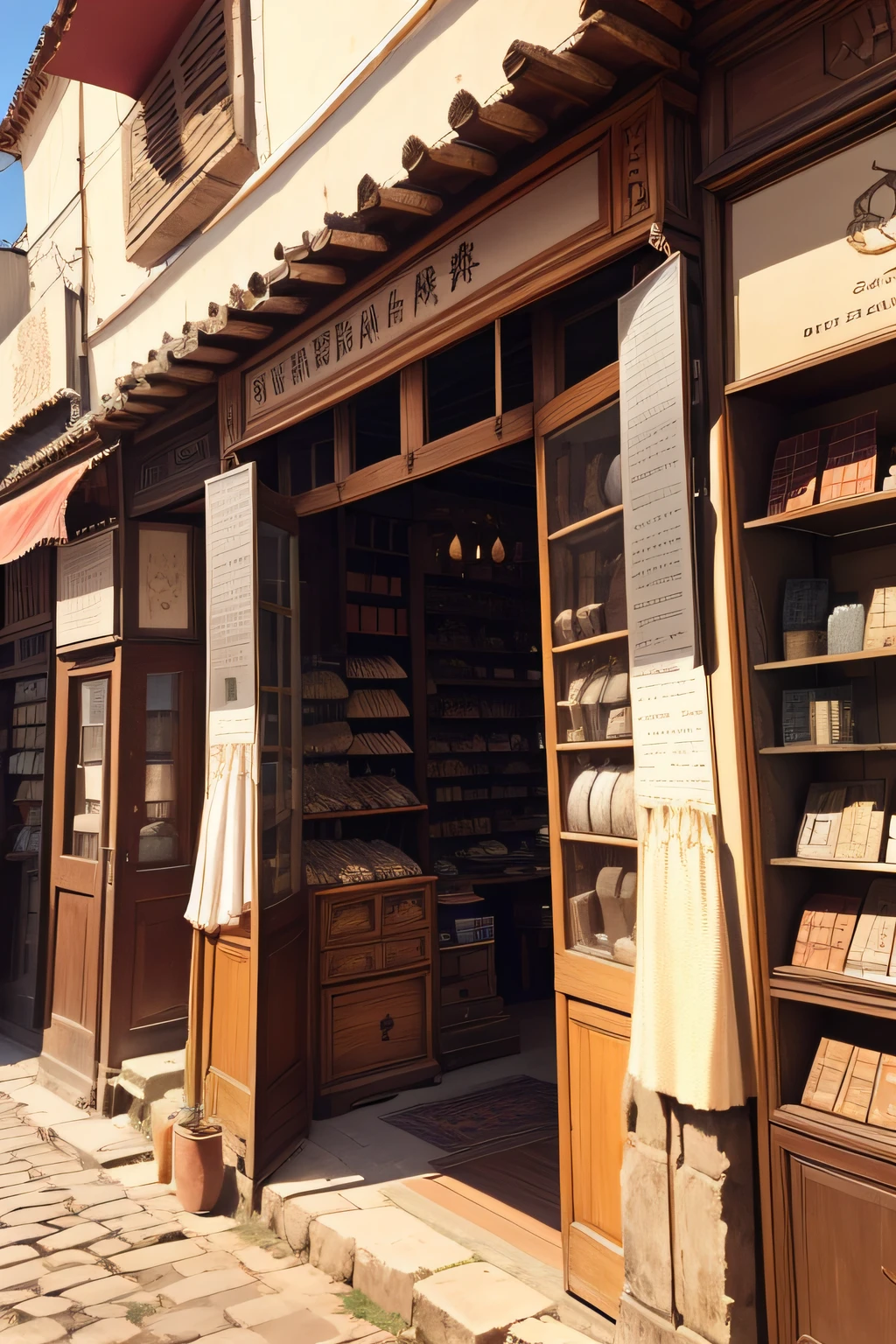 There are many shops in an ancient city,There is a shop selling silver,There is a shop selling embroidery,There is a shop selling antique shawls,Overlooking