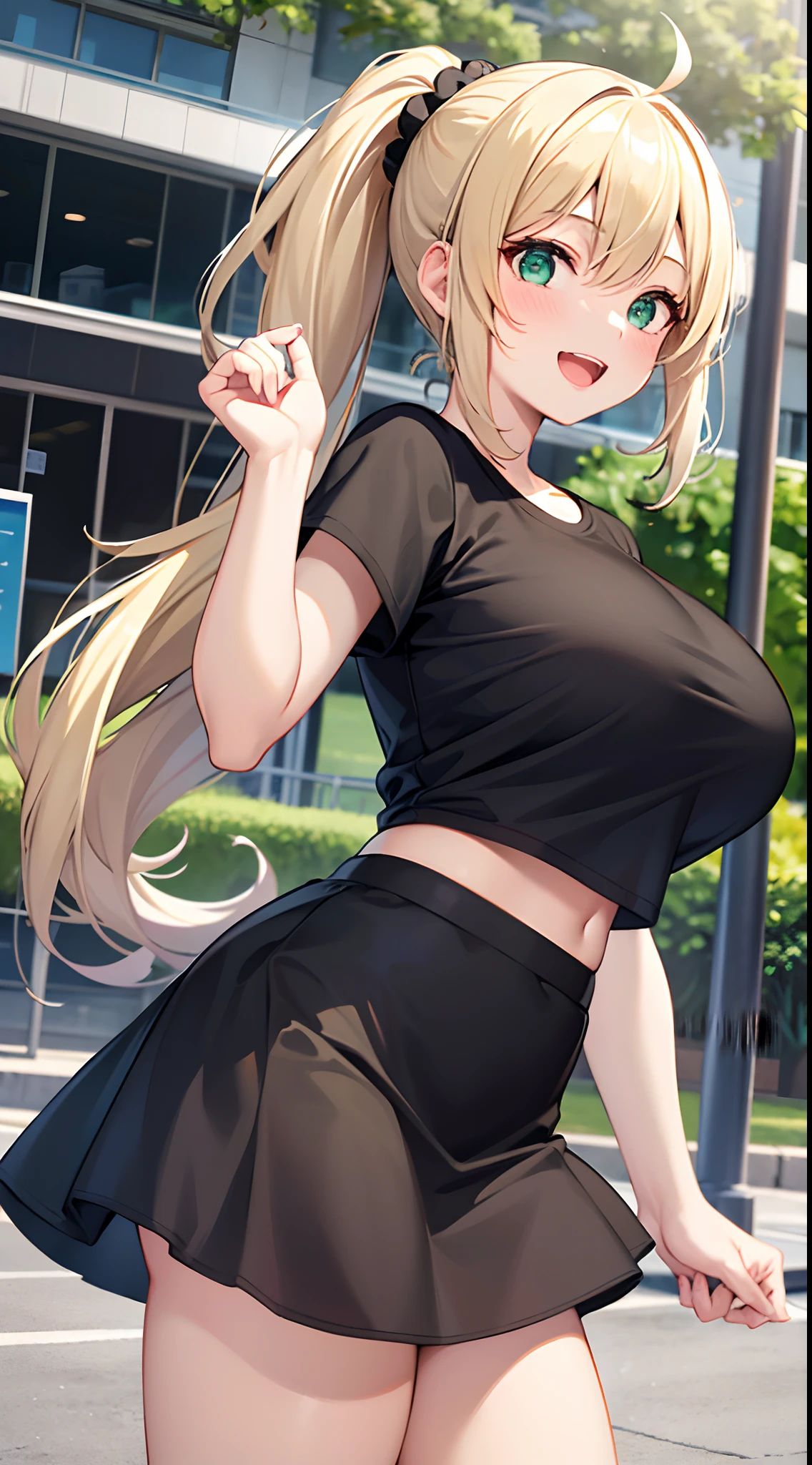 1 girl, game CG, plain black T-shirt, white short skirt, hair scrunchie, gigantic breasts, blonde, middle hair, side ponytail, green eyes, park, smile, open mouth, dynamic,