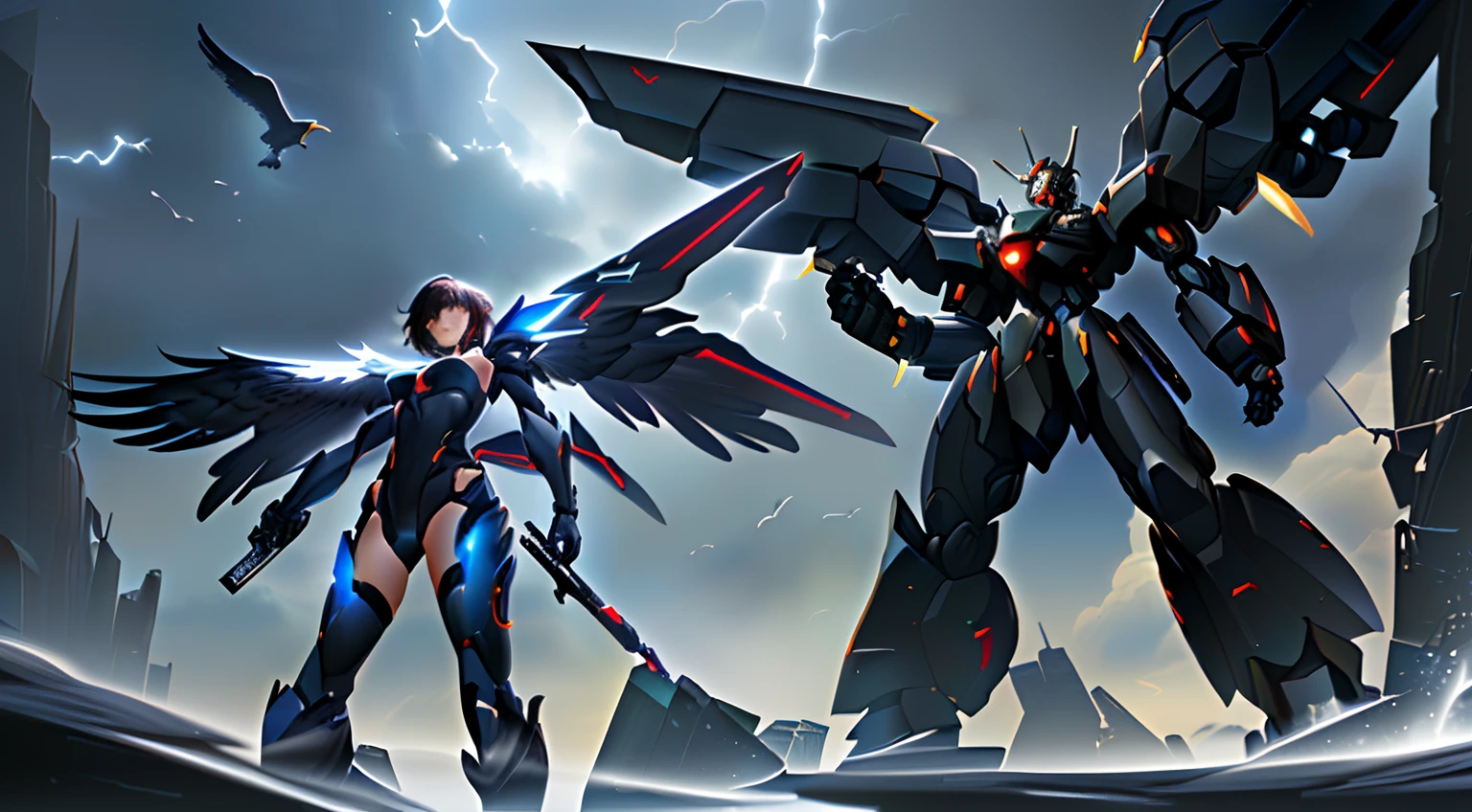 Anime characters standing in front of the storm，A bird flies overhead, Mecha wings, Anime epic artwork, modern mecha anime, Anime fantasy artwork, krenz cushart and wenjun lin, 2. 5 D CGI anime fantasy artwork, cgsociety and fenghua zhong, Anime fantasy illustration, advanced digital anime art, author：Shen Zhou --auto