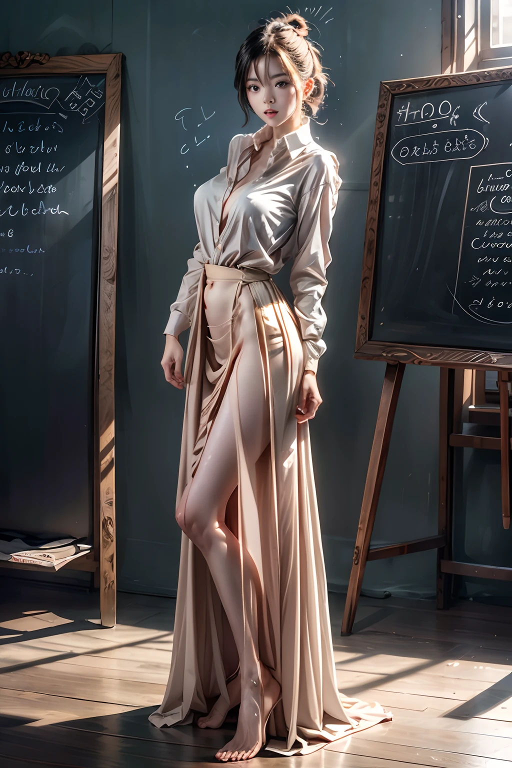 (((nude))) (((full body))) (((naked))) a sexy woman in a skirt and shirt posing in front of a chalkboard with a pencil in her hand, sakimi chan, a colorized photo, quito school, sexy posed