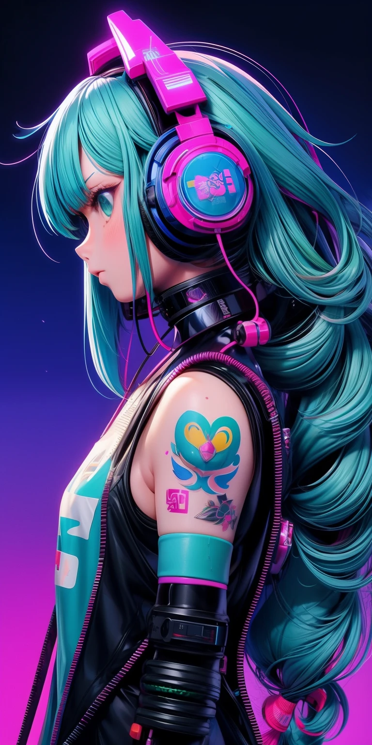 anime girl with sky blue braid hair wearing peacock feathered , straight face, tattoo, straight body, poser, headphone, mall background, long messy curly white green hair, cyberpunk anime girl in oversized tshirt, cyberpunk anime girl, anime style 4 k, anime cyberpunk art, best anime 4k konachan wallpaper, digital cyberpunk anime art, female cyberpunk anime girl, digital cyberpunk - anime art, cyberpunk anime art, anime cyberpunk, cyberpunk streetwear, cyberpunk art style