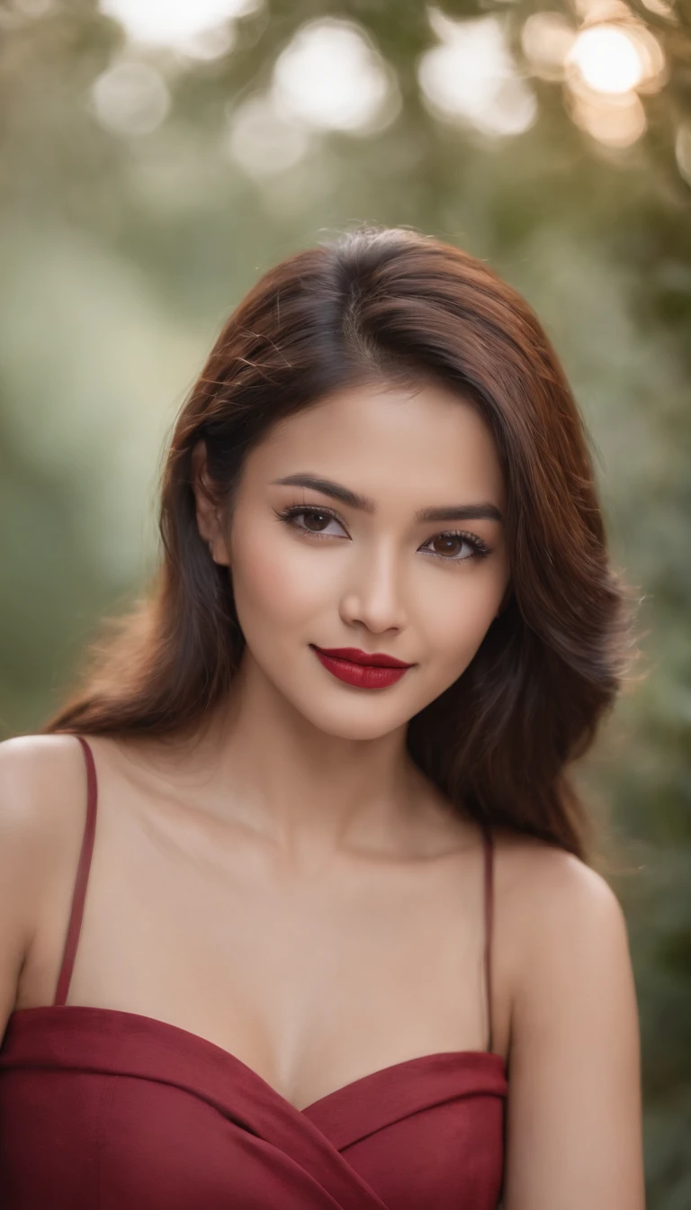 A young Nepali woman with long, brown hair is posing for a photo shoot. She has an alluring smile and her lips are painted in a deep red lipstick. Her eyes are lined with black eyeliner and her lashes look full and lush. Her layered hair cascades down to the middle of her back, framing her face perfectly. She wears a white top that shows off her neckline and shoulders, adding to the overall beauty of the portrait. The light catches on the subtle highlights in her hair, giving it an extra sparkle as she looks directly into the camera lens. This stunning image captures both grace and elegance in one frame - making it perfect for any portfolio or collection!