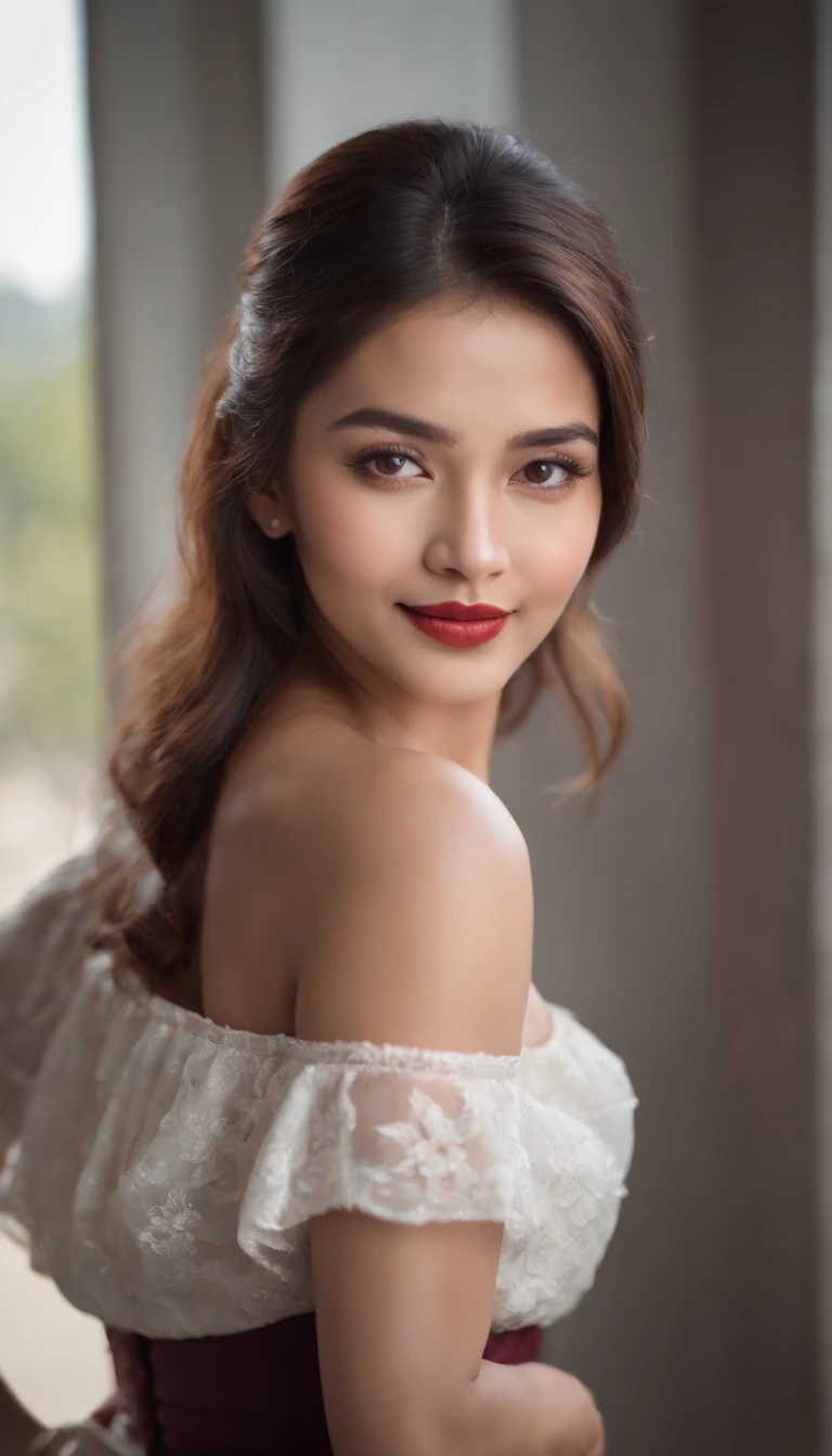 A young Nepali woman with long, brown hair is posing for a photo shoot. She has an alluring smile and her lips are painted in a deep red lipstick. Her eyes are lined with black eyeliner and her lashes look full and lush. Her layered hair cascades down to the middle of her back, framing her face perfectly. She wears a white top that shows off her neckline and shoulders, adding to the overall beauty of the portrait. The light catches on the subtle highlights in her hair, giving it an extra sparkle as she looks directly into the camera lens. This stunning image captures both grace and elegance in one frame - making it perfect for any portfolio or collection!