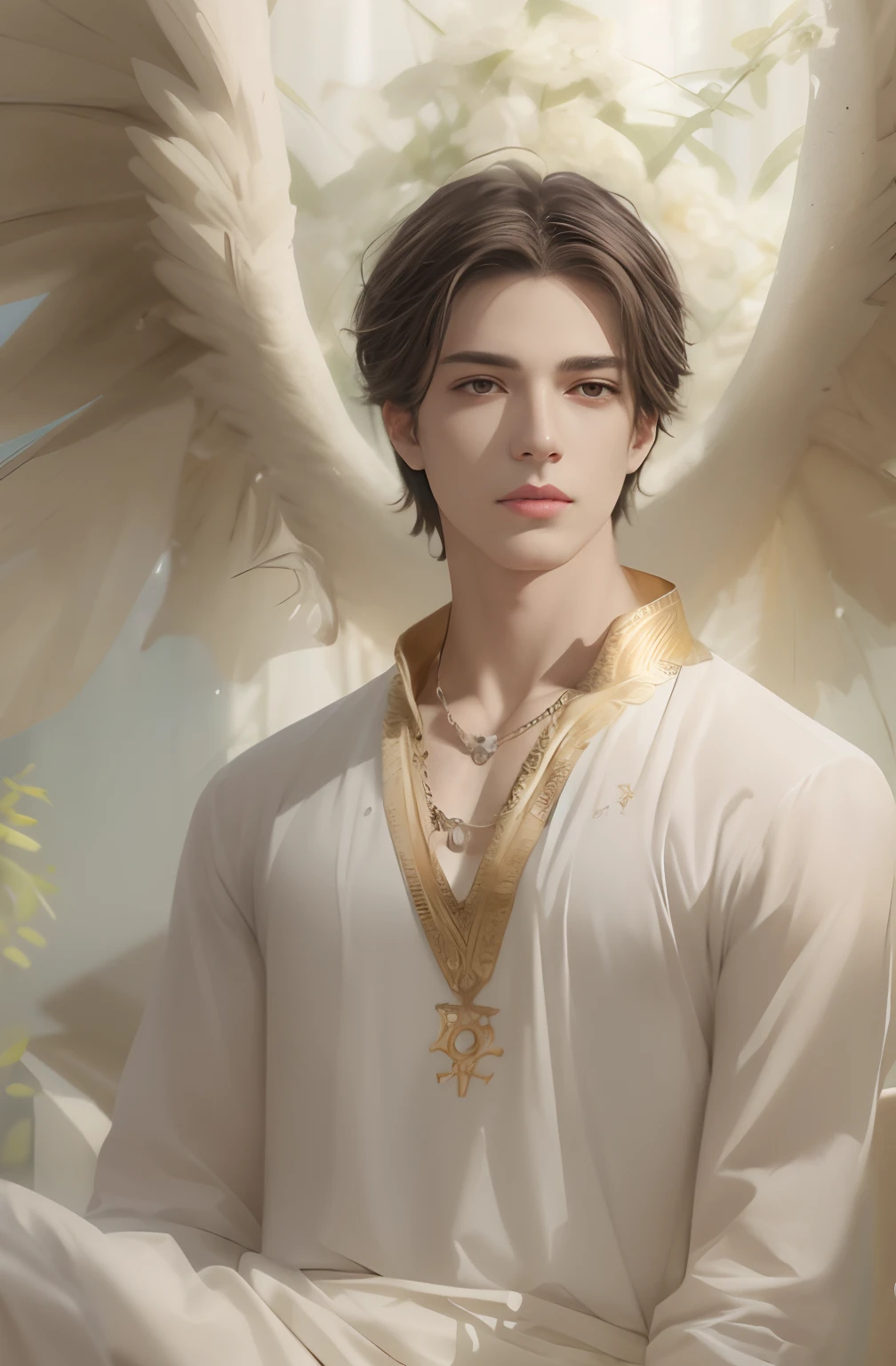 There is a man with a white shirt and gold necklace with a gemstone sitting on a chair, Jovem Anjo Wan, Anjo majestoso de corpo inteiro, por Yang J, delicate androgynous prince, Beautiful androgynous prince, Retrato de um anjo bonito, Yanjun Chengt, inspirado em Yanjun Cheng, No estilo de arte Bowater, Art not Guweiz style