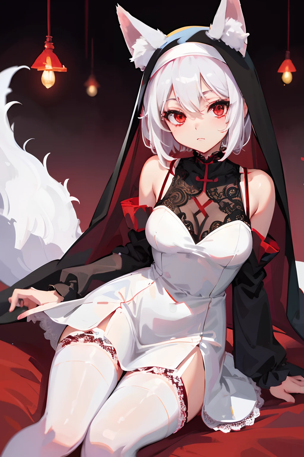 Fox Girl(short white hair,Red eyes),Black lace nun dress,White lace stockings,loli