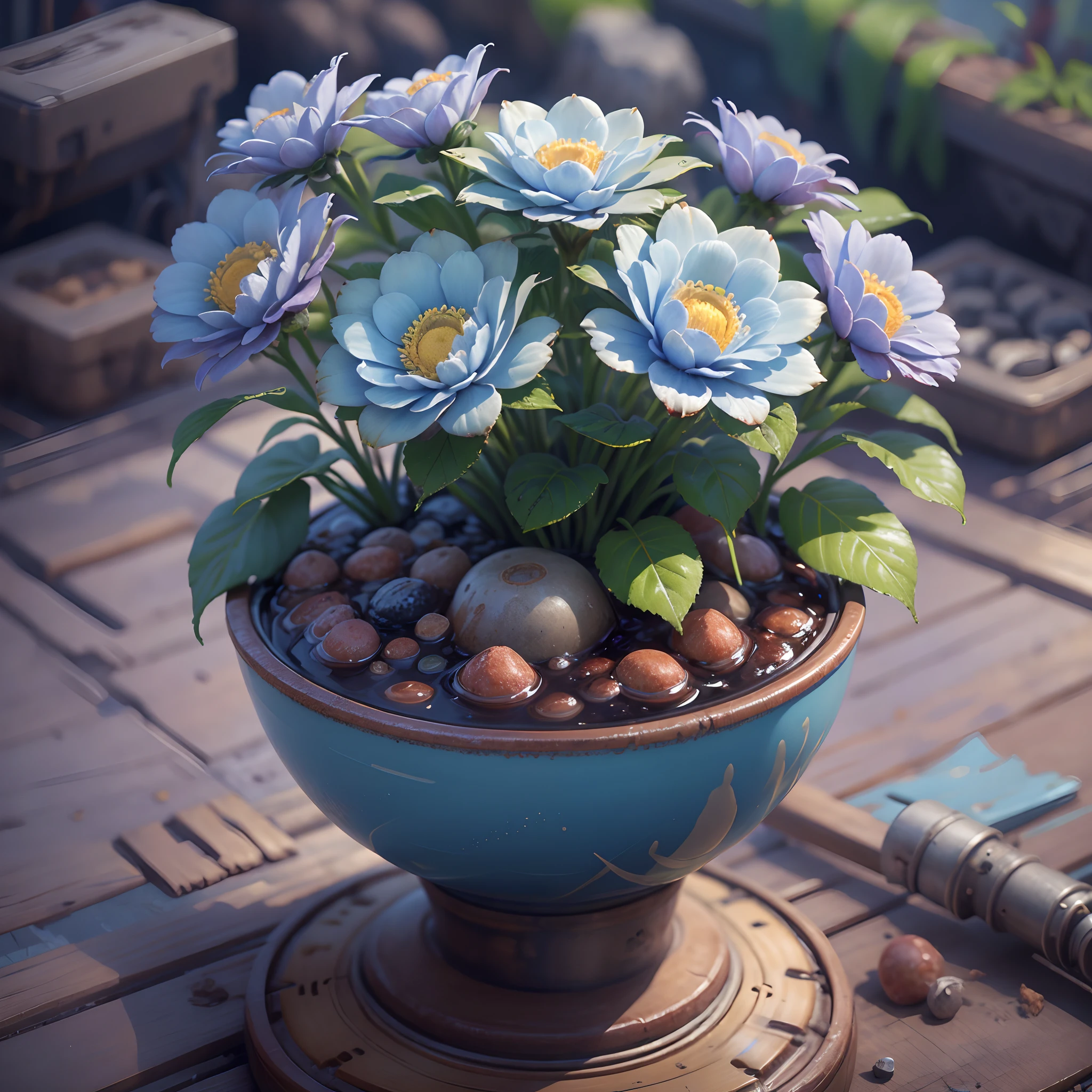 best qualtiy，tmasterpiece，超高分辨率，（photograph realistic：1.4），ultra-realistic realism， Blue Higan flowers bloom in pots， Dieselpunk AI，