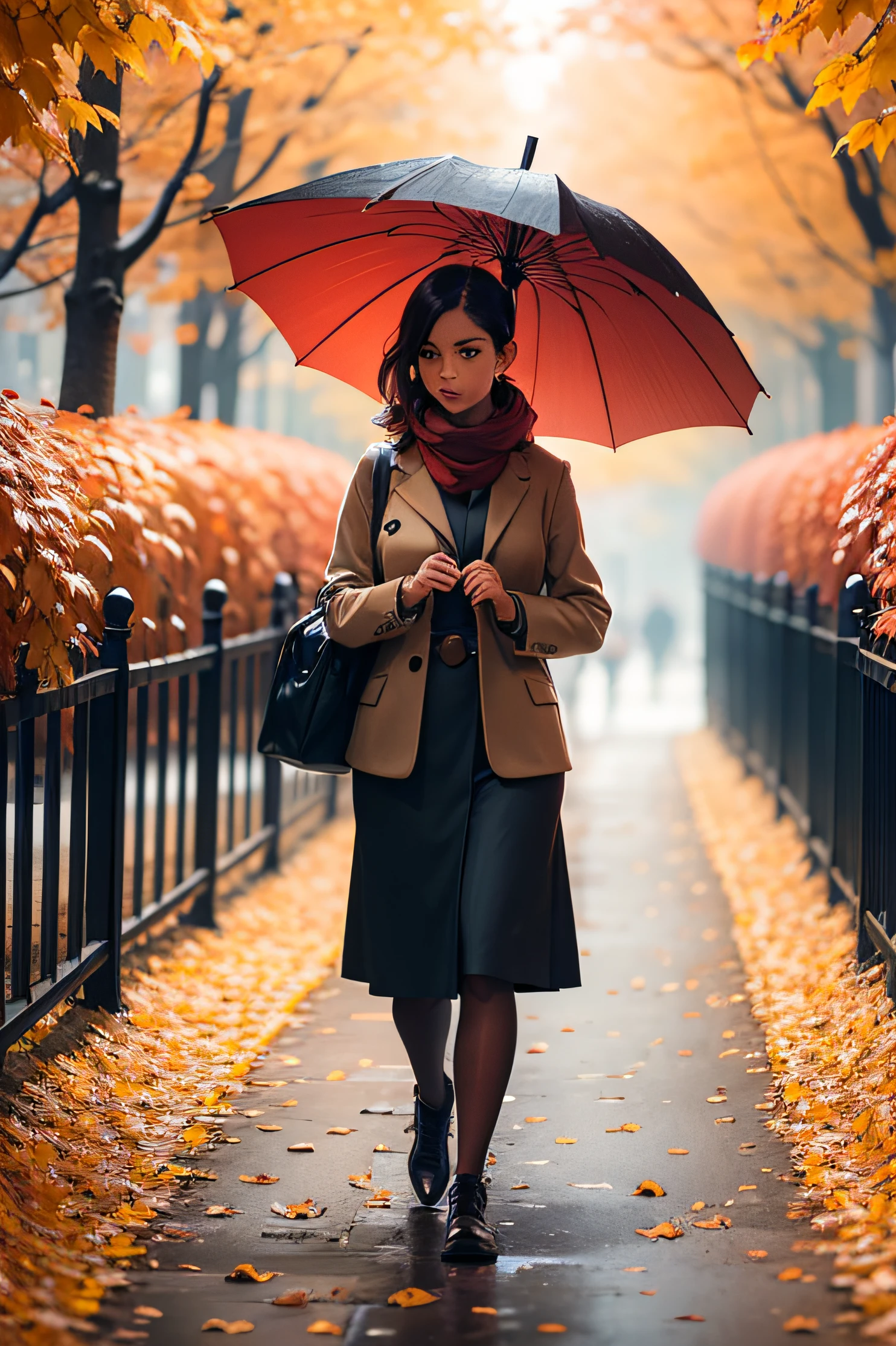 a woman walking on a path full of autumn leaves carrying an open umbrella