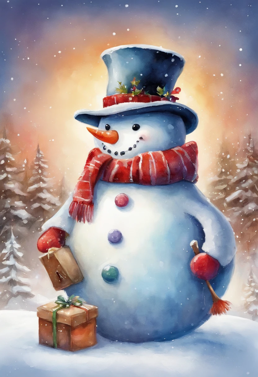 Cute vector snowman holding a book and a bag of candy, Pour snowflakes into the bowl,illustration, children's book illustrations, inspired by Doug Ohlson, added detail, , sugar snow, delicacy, festivity, snowflower,Painting by Alison Debenham, cover illustration,超高分辨率, illustration, Christmas evening, Extremely high resolution, hyper realisitc,Exquisite、best qualtiy、ultra - detailed、Fine、Positioning details、Colorful colorful
