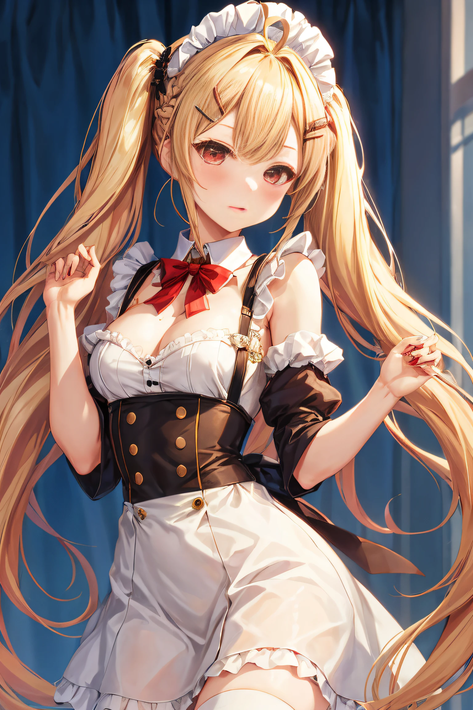 best quality, masterpiece, highres, solo, {maid:1.40}, {long maid dress:1.15}, {eldridge_azurlane:1.15}, blonde_hair, hair_ornament, ahoge, long_hair, bangs, blush, twintails, facial_mark, red_eyes, very_long_hair, hairclip, breasts, small_breasts