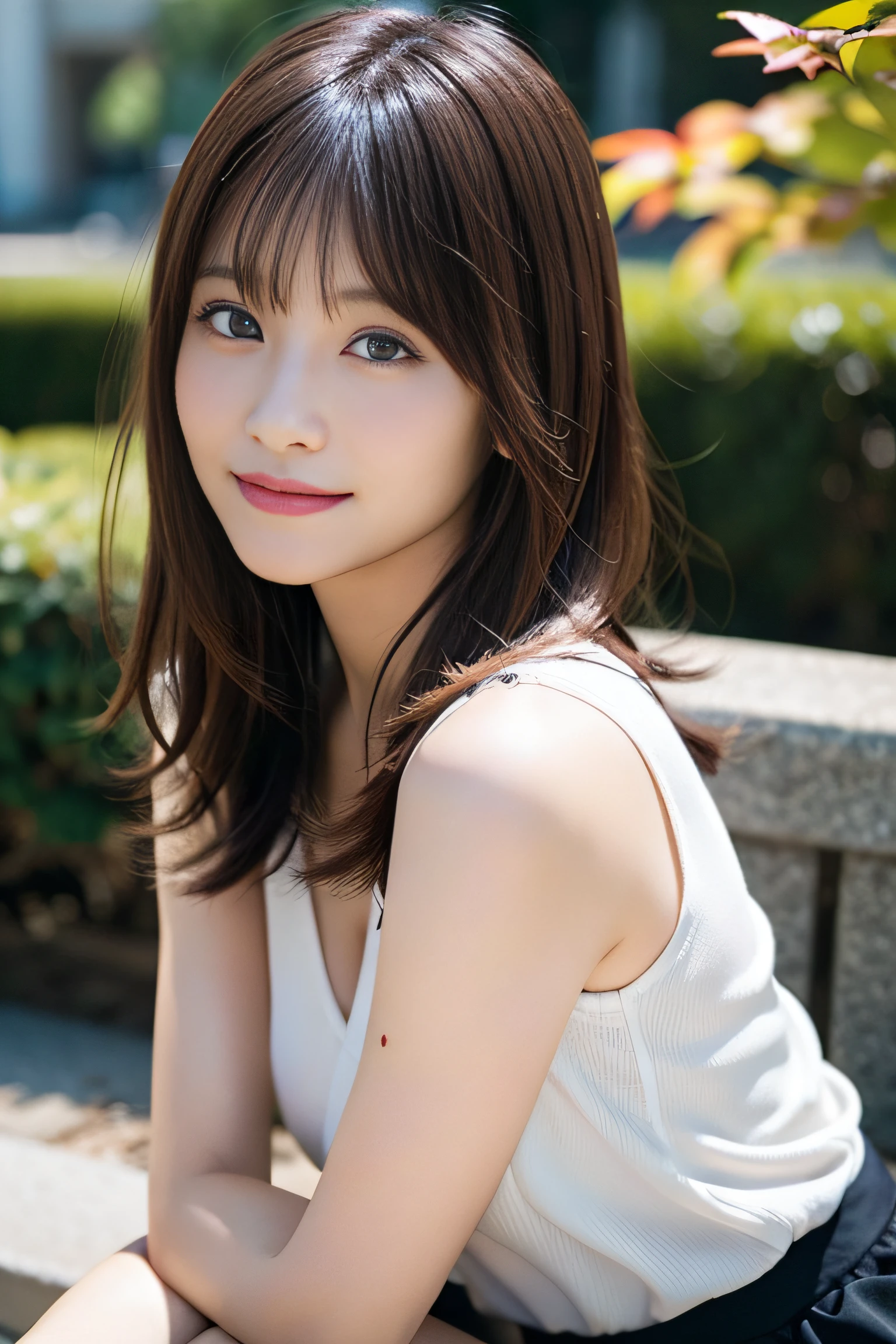 in 8K,Best Quality:1.4, 超A high resolution:1.5, (Photorealistic:1.4),masterpiece:1.2,(top-quality:1.4)、 Raw photo、(the background is blurred), A park on a hill with a good view:1.4、On the lawn、FULL BODYSHOT:1.5、 1日本人の女の子, Cute, (Solo), (Shy smile), Smooth skin、(30-years old:1.4)、to stand、Check miniskirt、Cute mini skirt、 (Brown medium hair,Bangs), (touch hair:1.4)、nogizaka、cute little、Supple fingertips,Beautiful black eyes、natural skin textures:1.3, realistic eyes and face details:1.7、middlebreasts、gazing at viewer、gravure、beauty legs、autumnal