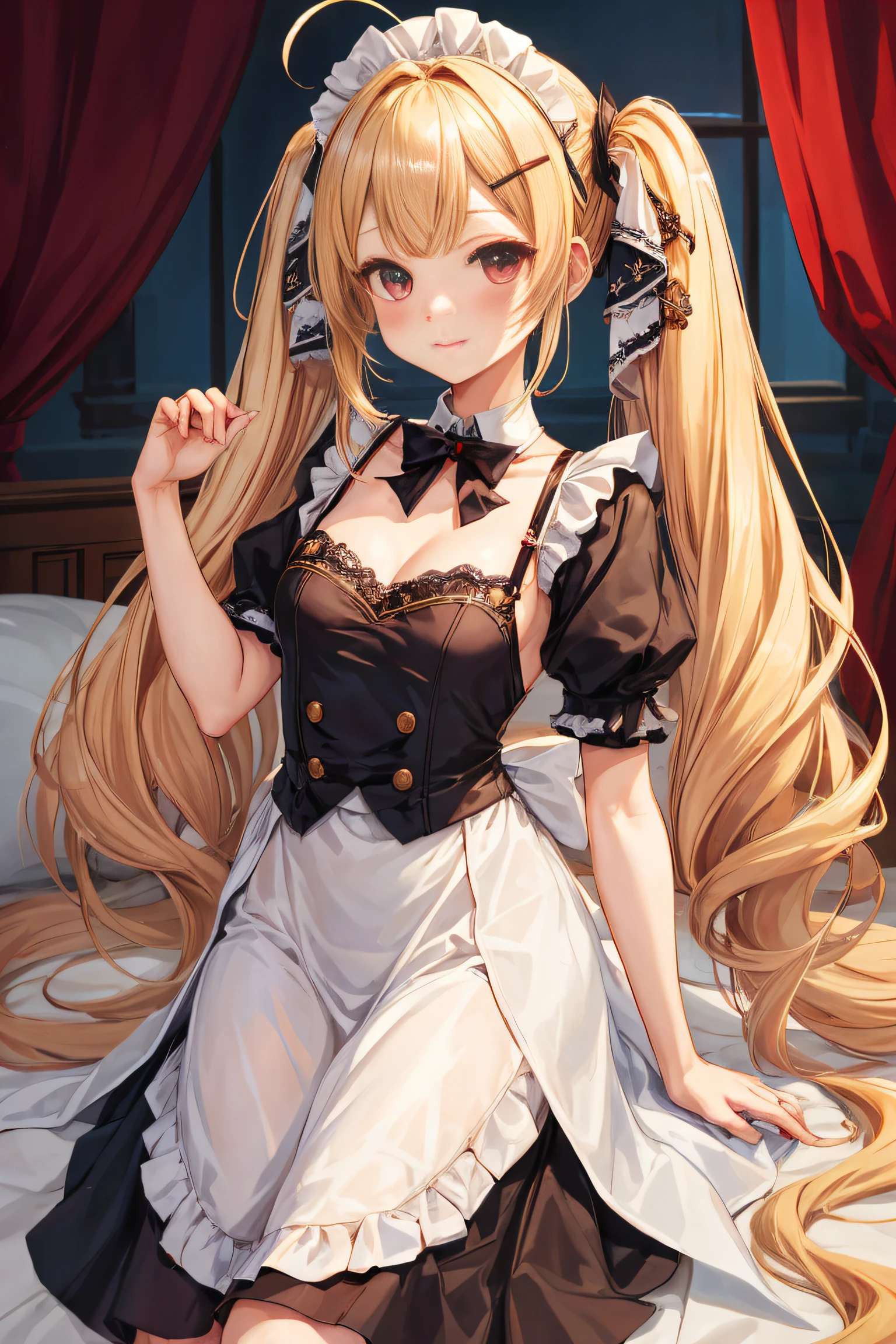 best quality, masterpiece, highres, solo, {maid:1.40}, {long maid dress:1.15}, {eldridge_azurlane:1.15}, blonde_hair, hair_ornament, ahoge, long_hair, bangs, blush, twintails, facial_mark, red_eyes, very_long_hair, hairclip, breasts, small_breasts