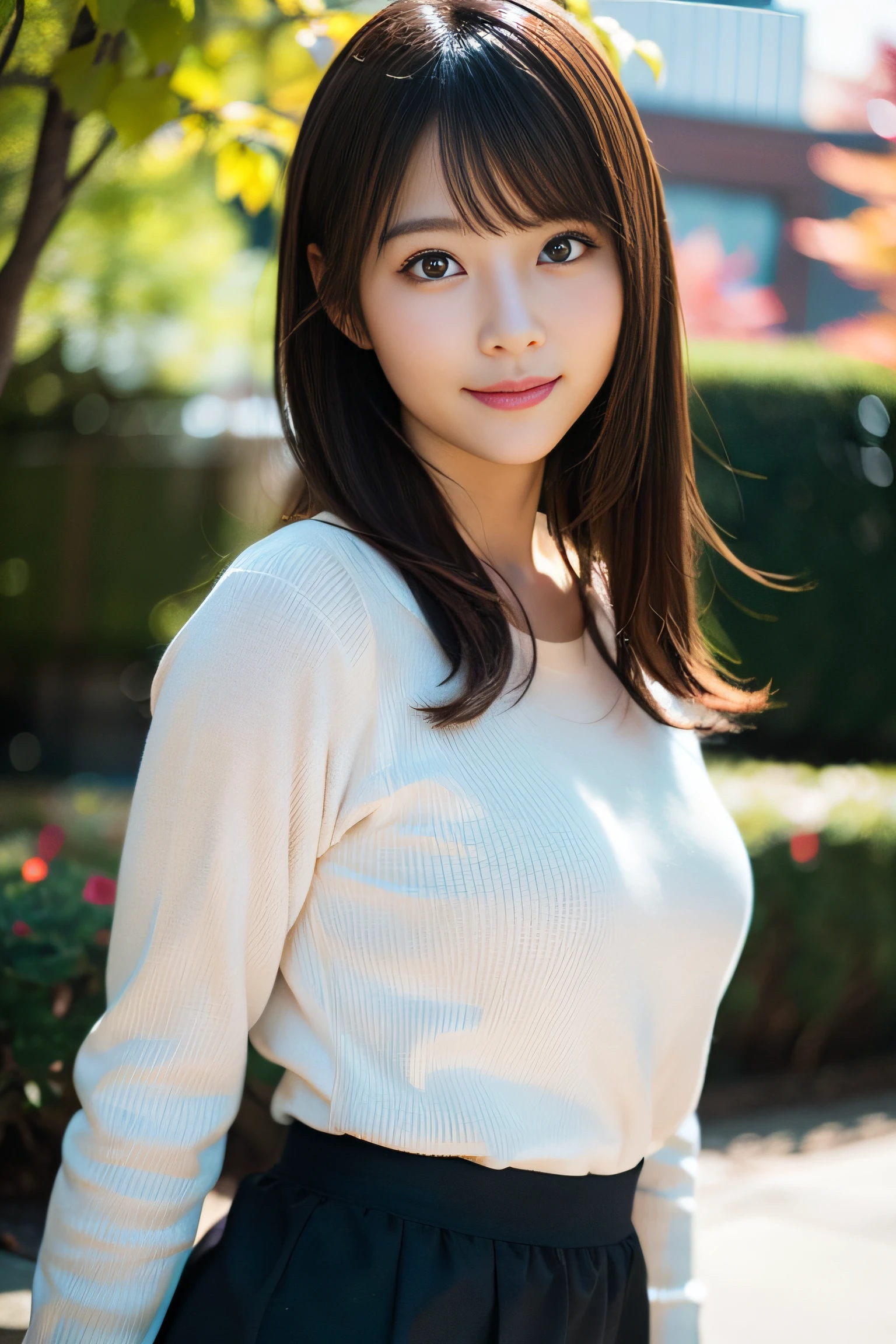 in 8K,Best Quality:1.4, 超A high resolution:1.5, (Photorealistic:1.4),​masterpiece:1.2,(top-quality:1.4)、 Raw photo、(the background is blurred), A park on a hill with a good view:1.4、On the lawn、FULL BODYSHOT:1.5、 1日本人の女の子, Cute, (Solo), (Shy smile), Smooth skin、(30-years old:1.4)、to stand、Check miniskirt、Cute mini skirt、 (Brown medium hair,Bangs), (touch hair:1.4)、nogizaka、cute little、Supple fingertips,Beautiful black eyes、natural skin textures:1.3, realistic eyes and face details:1.7、middlebreasts、gazing at viewer、gravure、beauty legs、autumnal