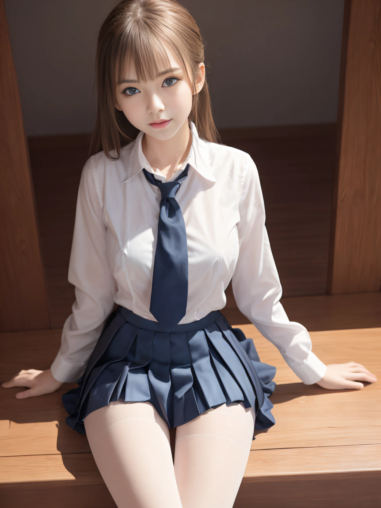 Ultra realistic 8K CG, Picture-perfect face, flawless, clean, masutepiece, Professional artwork, famousartwork, Perfect face, Beautiful face, Beautiful eyes, ((Perfect female body)), (Slender body), girl, Solo, (Immersive atmosphere, Chiaroscuro:1.5, Bright light:1.2, Luminous lighting), (blush:0.5), fascinated expression, Extremely detailed_Eyes, Small breasts, beautifullydetailedbackground, depth of fields, Realistic:1.3, longshot, 1girl in, Shirt, Pleated skirt, Japan school uniform, Sitting, Full body, (ambient lights:1.3), (Cinematic composition:1.3), (Neon light:0.1), (nffsw:0.1), Accent Lighting, White pantyhose,Neat and clean lady,