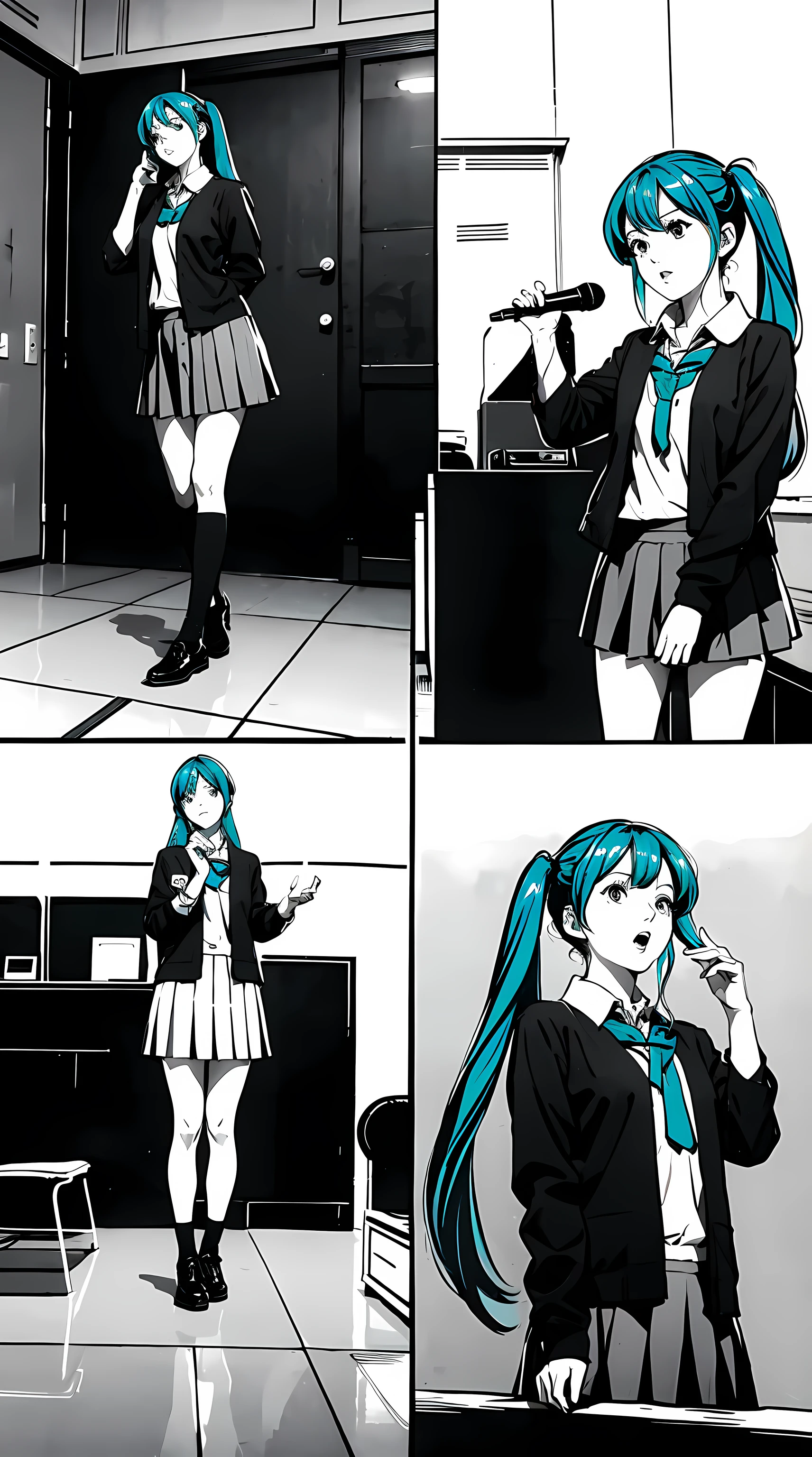 hatsune miku:1.5, vocaloid, teal hair color japanese manga, manga page, high res, ultrasharp, 8k, masterpiece:1.2, manga panel, story, detailed eyes, intricate background, manga style, monochrome, twintail hair, different pose, idol scene, singing pose, extremely fine, detailed hand, girl uniform, (illustration:1.2 black and white), (best quality), (illustration:1.2 black and white),(best quality), (extremely detailed 8k wallpaper of the unit, black and white image, made in HB graphite pencils, (full body:1.05), sharp focus,
