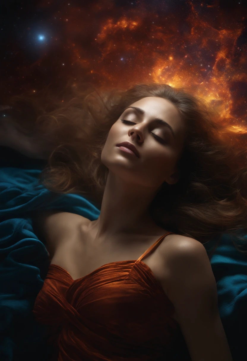 Create a realistic image of a woman performing an astral projection. Where the mind leaves the physical body. The woman is lying down and her mind comes out of her physical body..