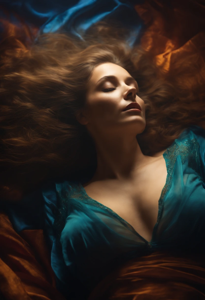 Create a realistic image of a woman performing an astral projection. Where the mind leaves the physical body. The woman is lying down and her mind comes out of her physical body..