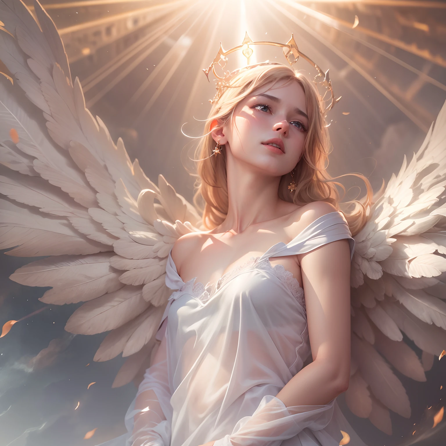 masterpiece, top quality, 8K, real person, realistic, very dense CG, shiny skin, fully focused, heaven, divine glory, radiant, angel, blessing, happiness,