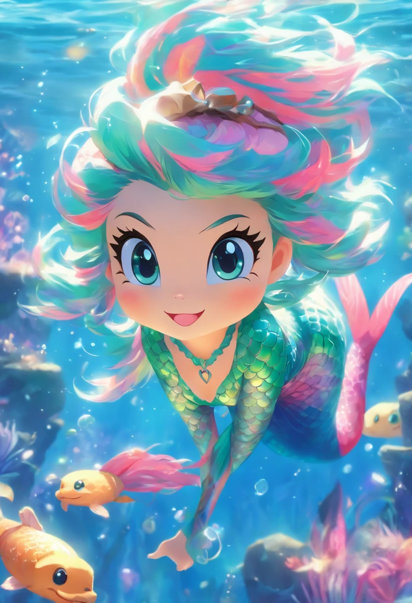 One cute cat，Swim in the sea in a mermaid costume