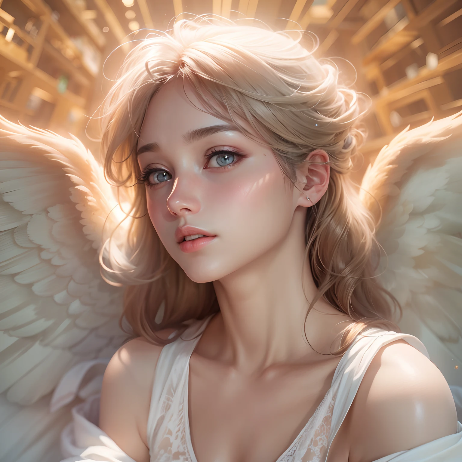 masterpiece, top quality, 8K, real person, realistic, very dense CG, shiny skin, fully focused, heaven, divine glory, radiant, angel, blessing, happiness,