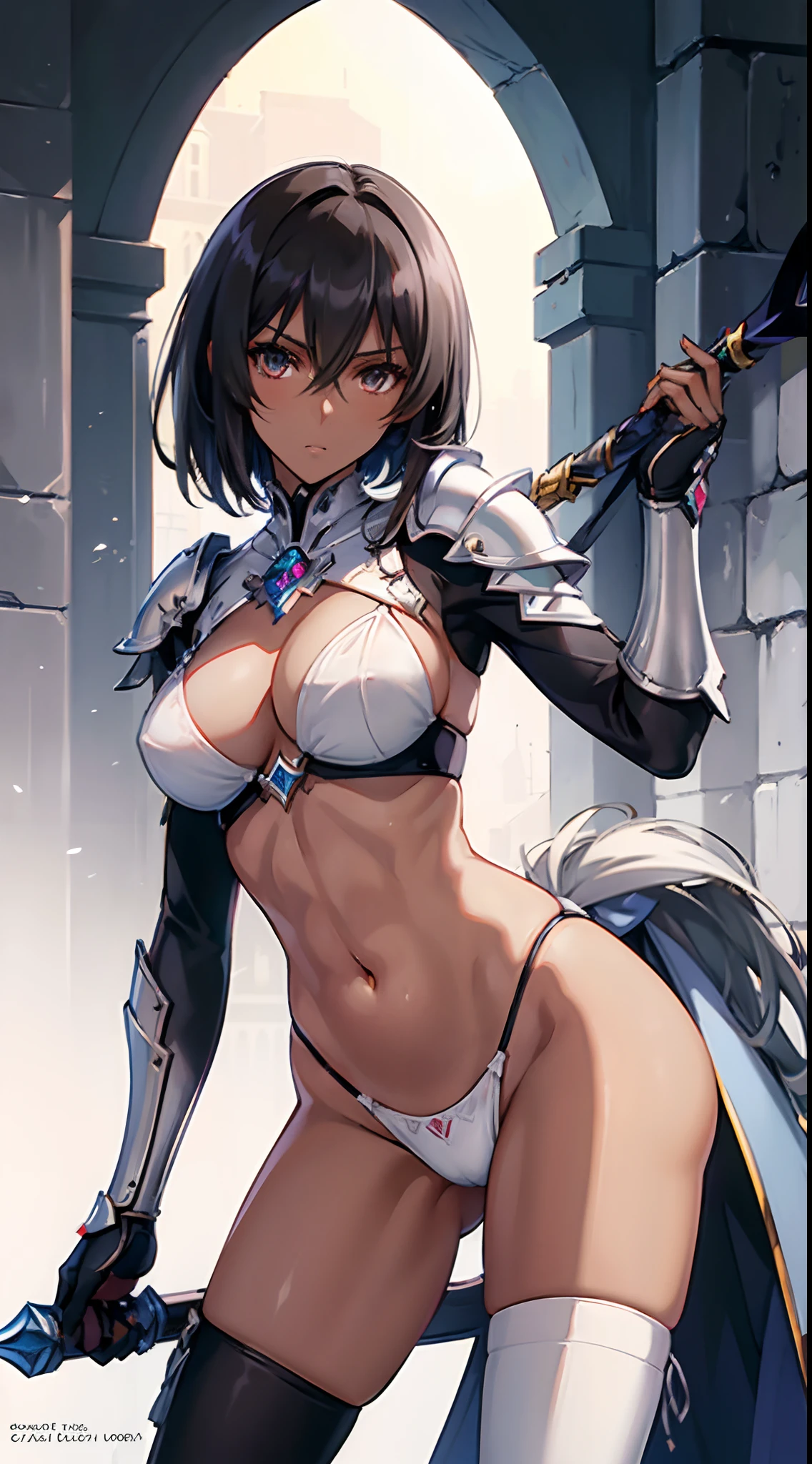 ((slanted eye)),(A MILF),(((maturefemale,adult woman))),masutepiece,top-quality, ultra-definition, max resolution, A highly detailed,((((Dark skin)))), Extremely sexy,Large breasts,White panties,blush,high legs,thong,bikini-armor,armor girl,Bikini Armor, White bikini armor, ornate bikini armor, Female knight, Gorgeous Female Paladin,Beautiful armor,cleavage,overknee socks,western building,At night,groin,Ass,Short Bob Cut