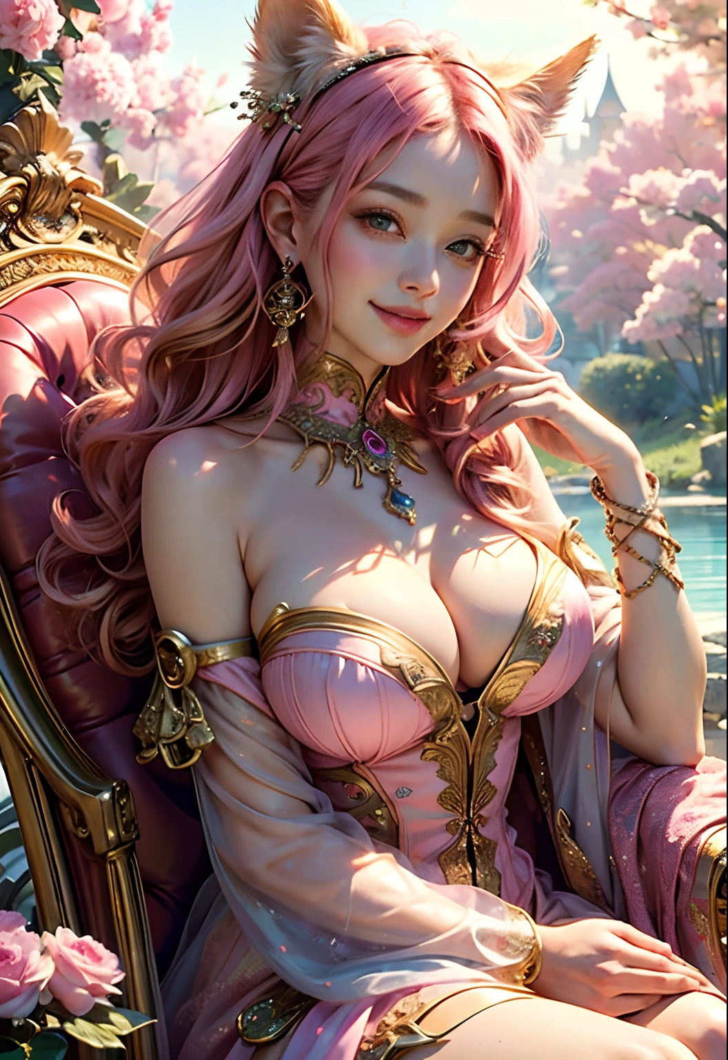 (​masterpiece、top-quality、top-quality、Official art、Beautifully Aesthetic:1.2)、(1girl in)、ighly detailed、(Fractal Art:1.3)、colourfull、highestdetailed　Soft smile　breasts are large　Soft expression　A smile　Pink Ninetail　foxes　Breasts are big　showy　Gold background　Happy　Very bright　pink there　pink there　Facing the front　Sitting on a chair and inside the thigh　Background Pink