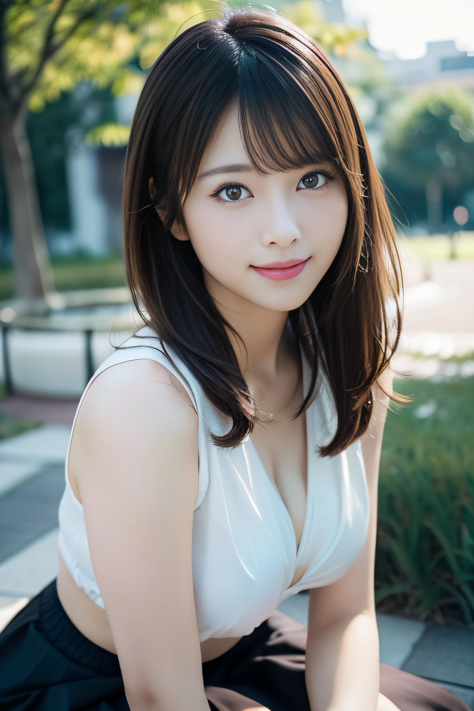 in 8K,Best Quality:1.4, 超A high resolution:1.5, (Photorealistic:1.4),masterpiece:1.2,(top-quality:1.4)、 Raw photo、(the background is blurred), A park on a hill with a good view:1.4、On the lawn、FULL BODYSHOT:1.5、 1日本人の女の子, Cute, (Solo), (Shy smile), Smooth skin、(30-years old:1.4)、to stand、Check miniskirt、Cute mini skirt、 (Brown medium hair,Bangs), (touch hair:1.4)、nogizaka、cute little、Supple fingertips,Beautiful black eyes、natural skin textures:1.3, realistic eyes and face details:1.7、middlebreasts、gazing at viewer、gravure、beauty legs、autumnal