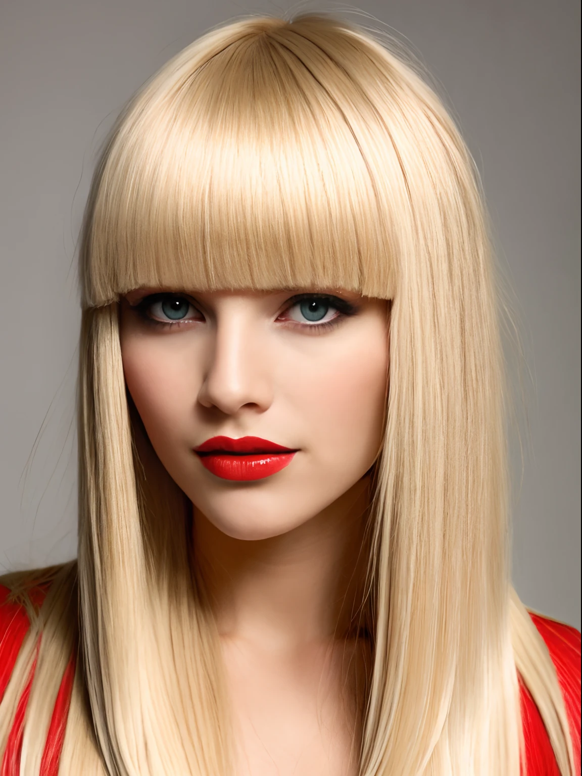 a woman with a blonde bob with ((very long bangs covering eyes)) and red lipstick, straight fringe, sweeping wild blonde hair, long straight bangs, hair over face, ((hair covering eyes)), sleek blond hair, long bangs, straight bangs, full bangs, very long bangs, ((hair blocking eyes)), sweeping ombre blonde hair, with full bangs, blonde medium hair, brunette with dyed blonde hair