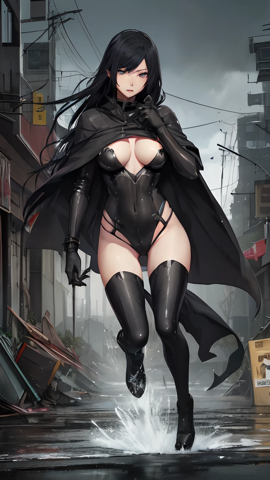 Kurihara Mari from prison school, black long hair, grey eyes,(wearing robotic bodysuit Armour, cape, metal hand gloves),full body view, running throught on the destroyed futuristic city, rainy weather, cinematic shadow, cinematic fog, crows in the sky, fire explosion, running road breaks,