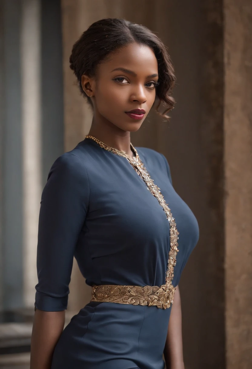 Edward Elric : La femme, professeur, Zone scolaire, showing the shoulder, salle de classe"Description: A beautiful black woman with stunning blue eyes that reflect depth and mystery. Her lips are thick and fleshy, Add a touch of sensuality. She has delicate features that enhance her beauty. Your body is well defined, with a wide bust that brings elegance. Her hair is long and well groomed, adorned with African ornaments that celebrate their culture. Elle porte une robe courte sexy, qui met en valeur sa silhouette. Sur les pieds, He wears lightweight shoes with high heels. His posture is elegant and confident, Conveying power and presence in an urban business environment. The image has a realistic high definition photography style, with bright colors and realistic reflections. Every detail is meticulously captured, resulting in an image rich in textures and nuances.: "photographie", "art_Styles": "Realstic", "art_Inspirations": "photographie de mode, portrait", "Camera images": Photo taken in a room near the window