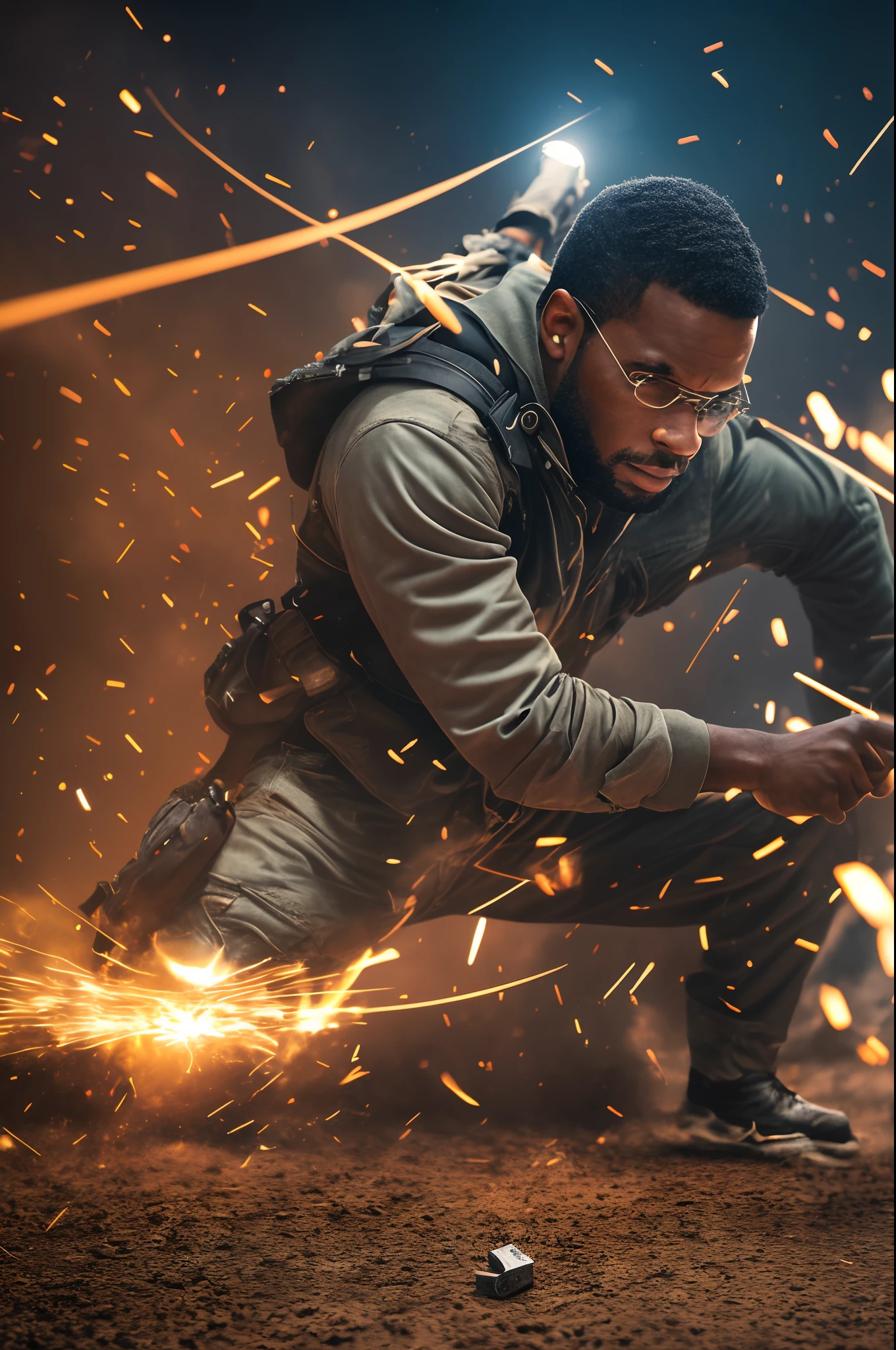 Black man shooting his shadow on the ground, aggressive gunshots that disperses dust in the air,bullets flying,  dust particles floating in air, action movie scene fight, john woo movie, zack snyder movie, Christopher Nolan movie, moonlight reflecting on the dust particles, with iridescent light, photorealistic image, 32k, ultra HD, cinematic lighting, artgerm style --auto --s2