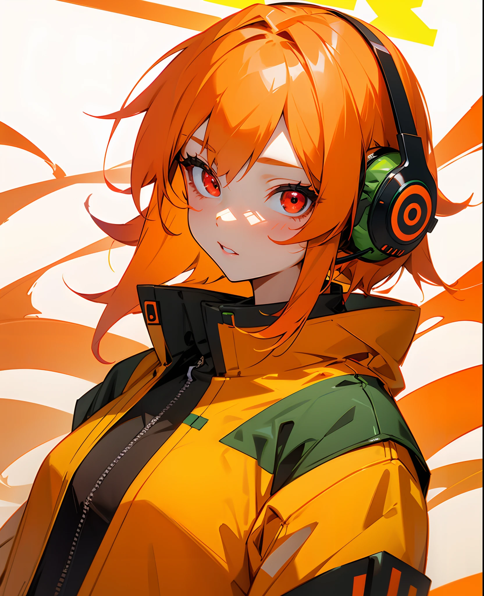 girl with、Wear neon headphones、((Orange Colored Hair)),Please wear a green Tech jacket,Red eyes