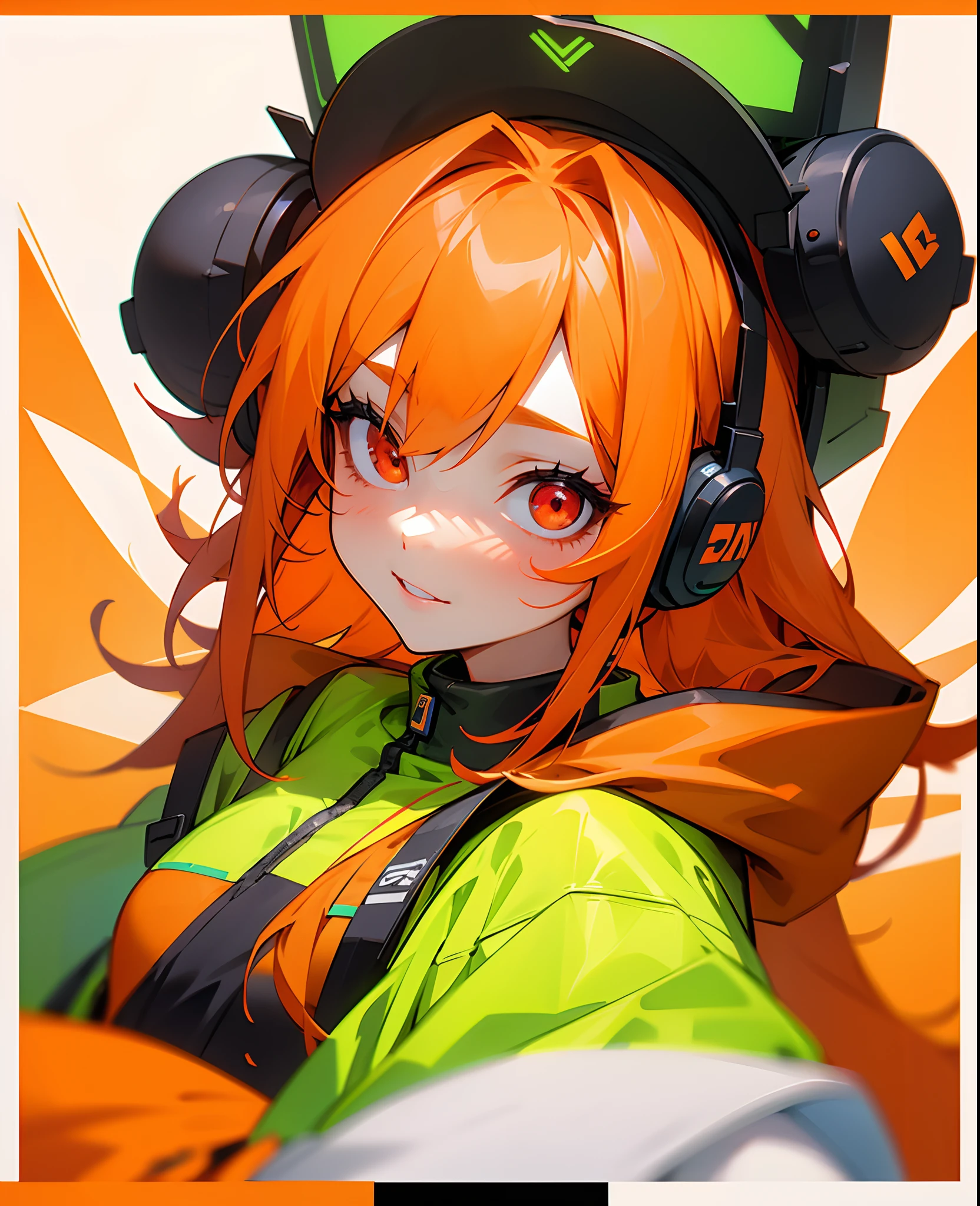 girl with、Wear neon headphones、((Orange Colored Hair)),Please wear a green Tech jacket,Red eyes