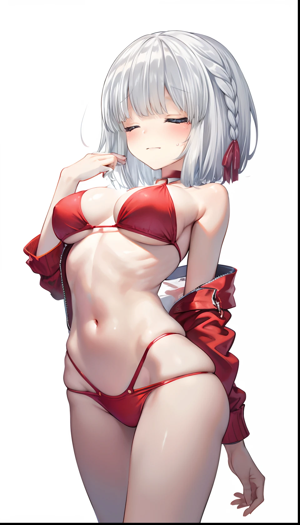 Red bikini、Colossal tits、(((masterpiece)))、(top-quality)、tre anatomically correct、(Best Quality:1.3), Large breasts, cleavage, shinny skin、silber hair、Soft skin、shorth hair、an anime girl、Bare arms、bared legs、a choker、Put your arms together、Bring your chest together、short-haired
