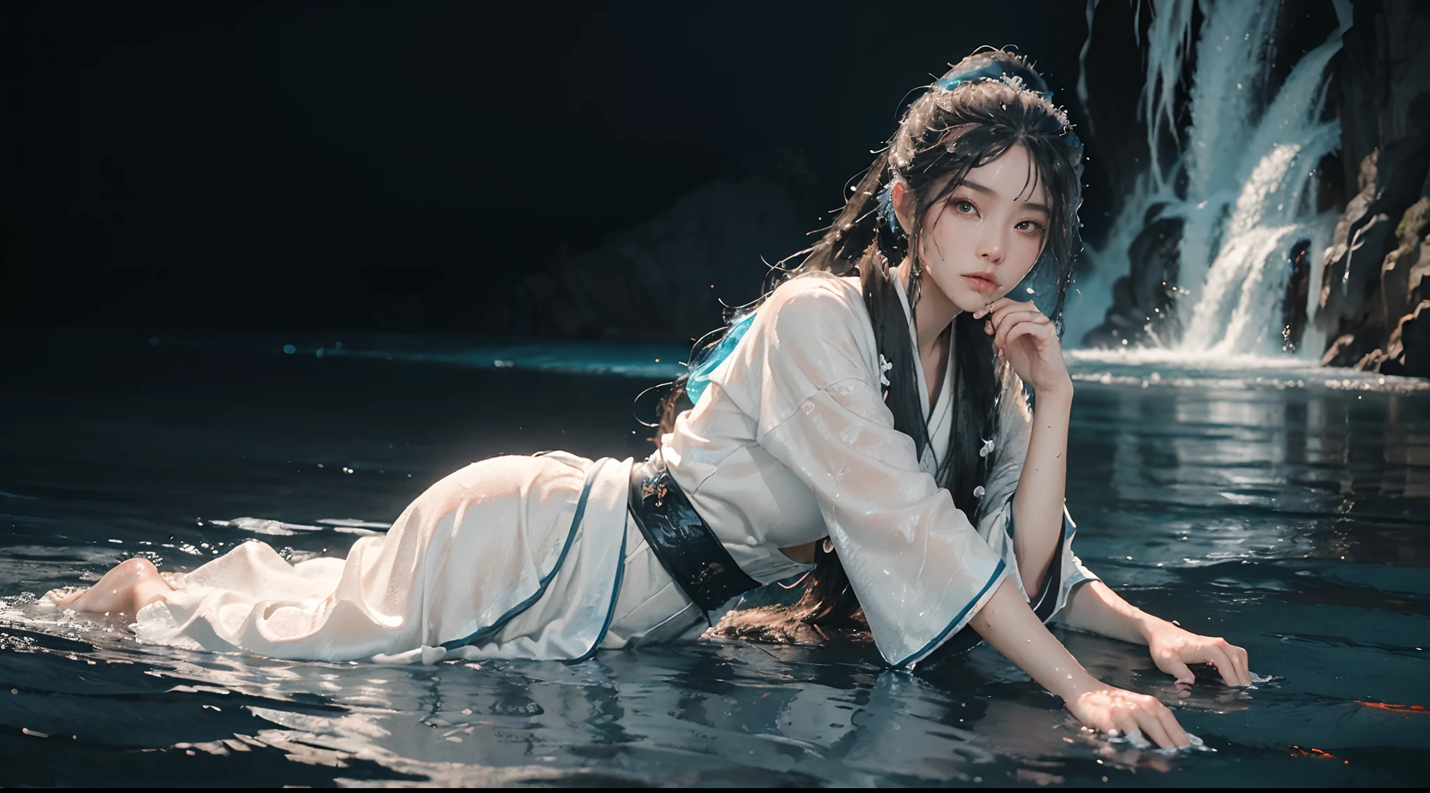 masterpiece, best quality, 8k, insane details ,intricate details hyperdetailed, hyper quality, high detail, ultra detailed, detailed background, (black background:1 2),[(black background:1.5)::5],yushuishu,(1girl,solo:1.5),(solo focus:1.7),black hair,water,waves,lips,High ponytail,(absurd long ponytail:1.3),(White and blue Taoist robe:1.4),(Real water, Realistic water, flowing water:1.5), moon, Water as smooth as a mirror, beautiful detailed water, reflection pool, dynamic angle, floating，flawless, clean, masterplece, professional artwork famous artwork, dnematic lighting. cinematic bloom Beautiful girl,Chinese mythology, in the style of realistic and hyper-detailed renderings, mature female, tall body, sideways glance.cold attitude, (long legs:1.3), (random hair style:1.2). A shot with tension, (sky glows red,Visual impactglving the poster a dynamic and visually striking appearance:1.2),