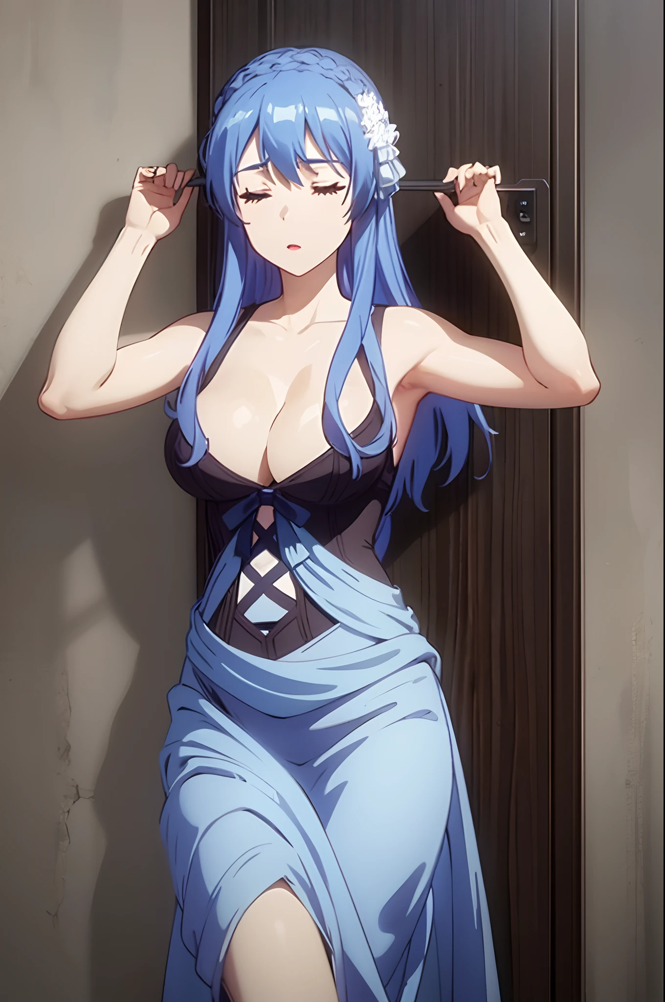 blue hair(absurdres, highres, ultra detailed, masterpiece, best quality), (detailed background), (beautiful detailed face), high contrast, (best illumination, an extremely delicate and beautiful), ((cinematic light)), dramatic light, hyper detail, intricate details, BREAK (1girl, woman, solo, closed eyes, embarrassed, sexy, gorgeous, elegant, (nsfw:1.2, nude), medium breasts, (bdsm, bondage:1.2), arms up), BREAK (long ponytail hair,, long hair, straight hair, , dark lips, makeup, puffy lips, parted lips), BREAK standing, tied with leather straps, tied to pole, pants pull, shirt lift, latex, torn clothes, choker, BREAK looking away, cowboy shot, BREAK indoors, concrete wall, dark room, cage, wooden floor, dark room,