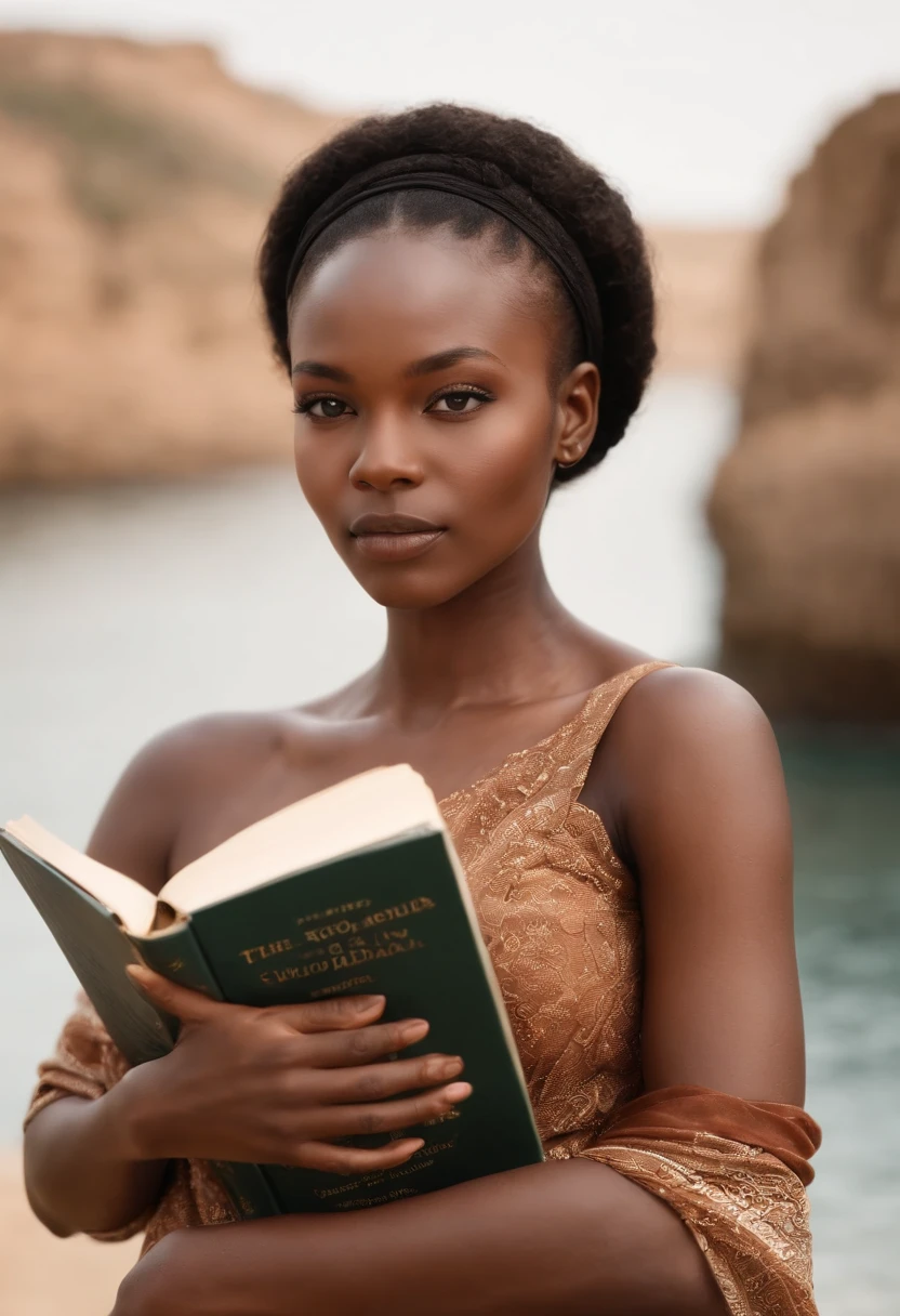 ((African dark skin, very deep ebony skin)),A beautiful African petite in a stylish fashion posed seductively , with her book placed in front of her, gazing confidently into the book. The image is meticulously rendered in stunning high definition, capturing every detail with lifelike realism Lost in the rhythm of the waves and the world of words. Tomorrow, the story unfolds.Whispers of the past, echoes of the present. Today's discovery hints at hidden histories. Stay tuned.