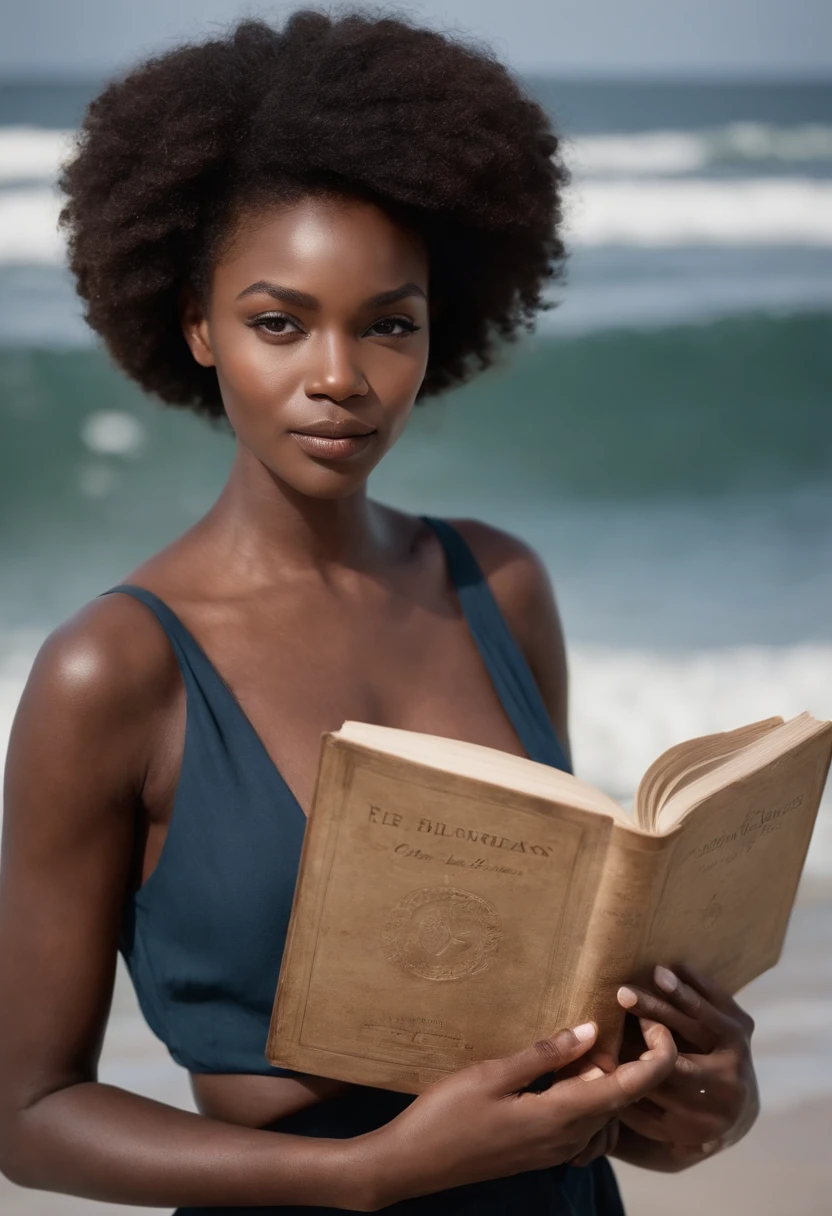 ((African dark skin, very deep ebony skin)),A beautiful African petite in a stylish fashion posed seductively , with her book placed in front of her, gazing confidently into the book. The image is meticulously rendered in stunning high definition, capturing every detail with lifelike realism Lost in the rhythm of the waves and the world of words. Tomorrow, the story unfolds.Whispers of the past, echoes of the present. Today's discovery hints at hidden histories. Stay tuned.