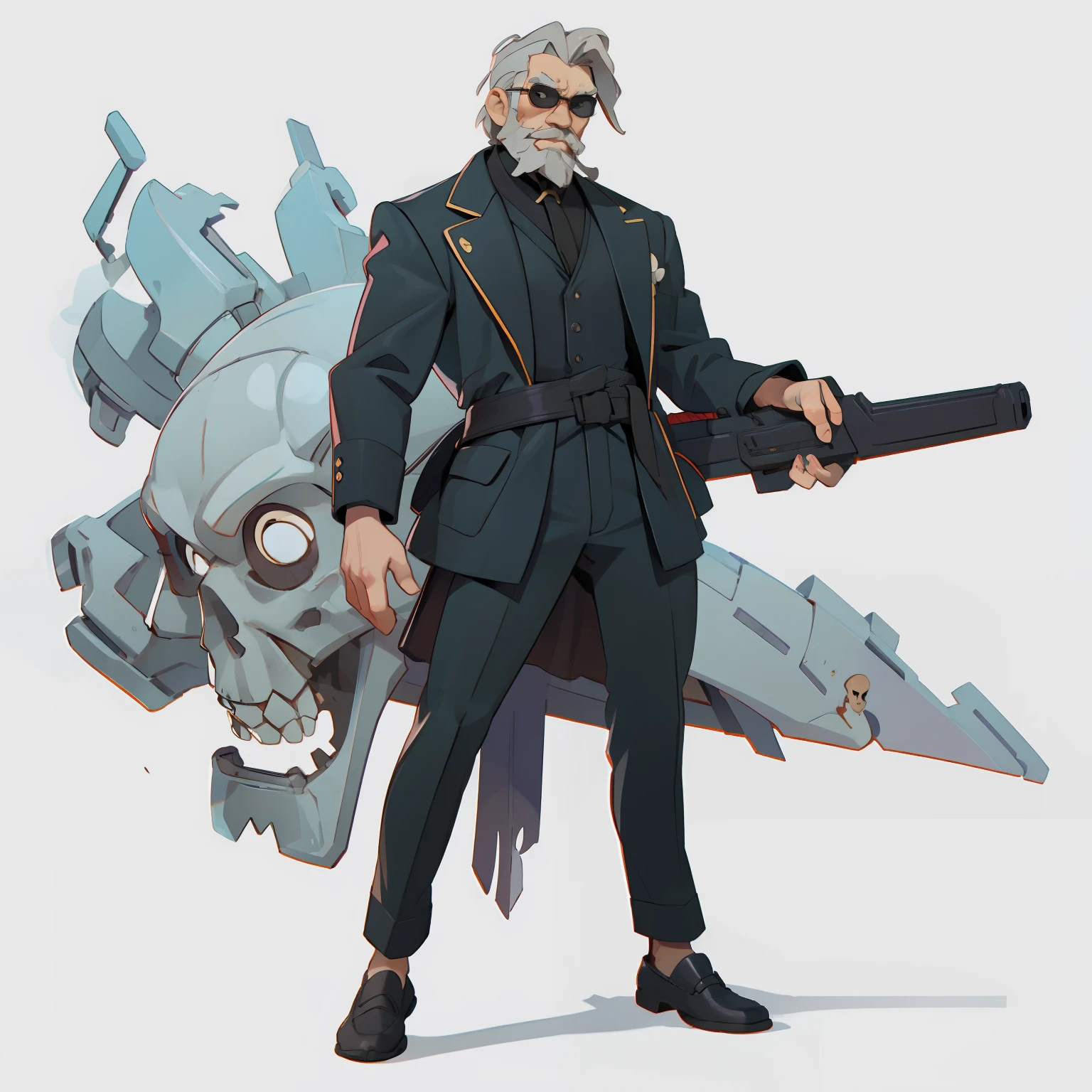 masutepiece, Best Quality, 4K, 超A high resolution, ultra-detailliert, High resolution, Ultra HD, sophisticated details, Backlight, ((Full body shot)), ((No background)), ((White background)), Man's, man, the godfather, boss, Skull face, short gray hair, a beard, mustache, intimidation, Sunglasses, muscular, wounds all over the body