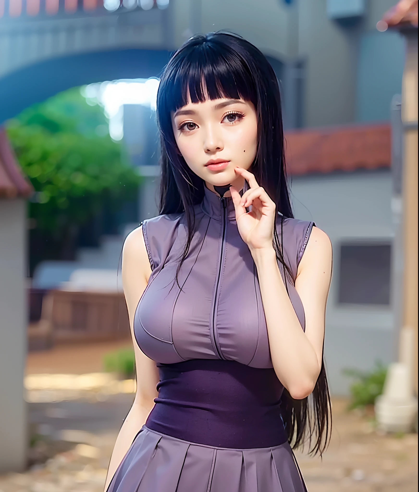 (Girl),(hime hair),masterpiece,huge breast, outdoors, looking at viewer, detail eyes, detail face, standing, smile, (front view:1.3), dolphin shorts, Single Bare Shoulder shirts, upper body shot, (portait), (detailed face), cleavage