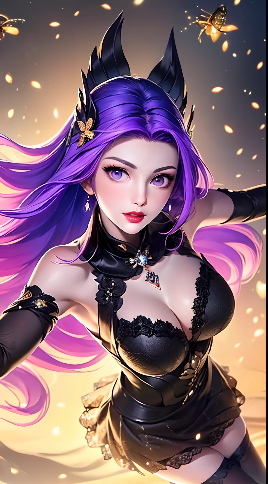 1 beautiful and sexy 20 year old girl, ((wearing a super purlpe dress:1.6)), ((a dress with diamonds:1.7)), ((long purple hair:1.6)), jewelry elaborately made from precious stones and beautiful hair, ((A thin red silk scarf covers half of the face:1.5)), (((wearing a thin light purple silk mask:1.5))), the noble, noble style of an extremely beautiful girl, her small face is super cute, her face is very pretty, thin eyebrows, flawless beautiful face, ((black eye pupils: 0.8)), very beautiful eyes, ((purple eyes: 1.6)), (((big round eyes:1.6))), nice makeup and hair detailed eyelashes, steamy eye makeup, high nose, earrings, red lips, ((closed mouth: 1.5)) beautiful lips, slim hands, most beautiful thighs, ((arms spread out to the sides: 1.5)), rosy face, flawless beautiful face, smooth white skin, (big breasts: 1.5)), ((high breasts: 1.6)), tight breasts, beautiful cleavage, (((big breasts and super round: 1.8))), ((super tight breasts: 1.7)) , beautiful breasts, perfect body, back arms, chest out, ((thin black mesh stockings with black lace trim:1.5)), ((sitting position with chest up and arms behind: 1.6)), ((open your legs:1.2)), don't be shy, 8k photo, super high quality, super realistic, super 10x pixels, optical, bright studio, bright edges, dual-tone lighting, (high-detail skin:1.2), super 8k, soft lighting, high quality, volumetric lighting, photorealistic, photorealistic high resolution, lighting, best photo, 4k, 8k quality, blur effect, smooth sharp, 10 x pixel, ((Beach at night and fireflies background:1.5)), aurora, lightning, super graphics realistic, most realistic graphics, 1 girl, alone, solo, Extremely sharp image, surreal, (((frontal portrait: 1.5)))."