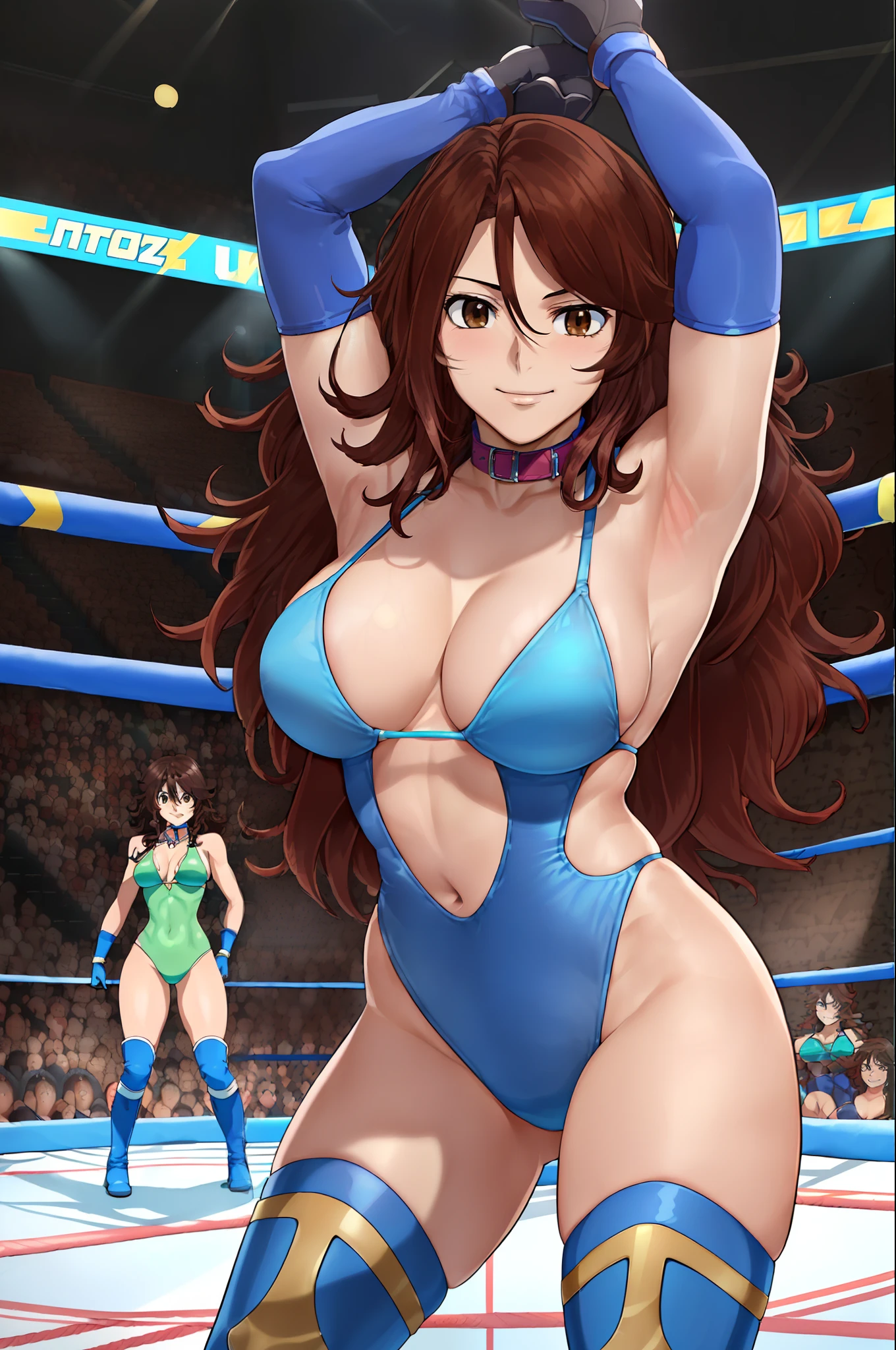 cowboy shot, upper body view only, anime style: 1.8, anime drawing, ultra detailed face, ultra detailed body, 4k, Sumergai Lee Noriega, (suplex), best quality, anime style, hires, highest definition, digital blending, bold drawing lines, ((slender body, female wrestler), (location: wrestling arena, crowds watching), (slender body, off-shoulders), mature woman, ((wrestling gear: blue micro bikini, boots, gloves, collar band, random colors)), victorious, winner, (smile, closed mouth), (big breasts), (big eyes, brown eyes), (warming up, underarm), (tilt head, loose hair, curly hair, wavy hair, long hair, missy hair), 27 years old,