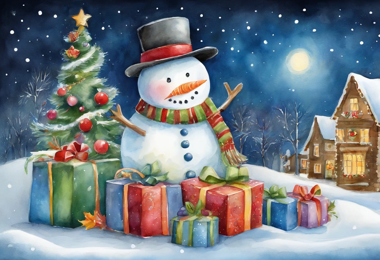 Christmas Eve,Cute vector snowman holding a book and a bag of candy, Pour the snowflakes into a bowl,Christmas elements,illustration, children's book illustrations, inspired by Doug Ohlson, added detail, , sugar snow, delicacy, festivity, snowflower,Paintings by Alison Debenham, cover illustration,超高分辨率, illustration, Christmas evening, Extremely high resolution, hyper realisitc,Exquisite、best qualtiy、ultra - detailed、Fine、Positioning details、Colorful colorful