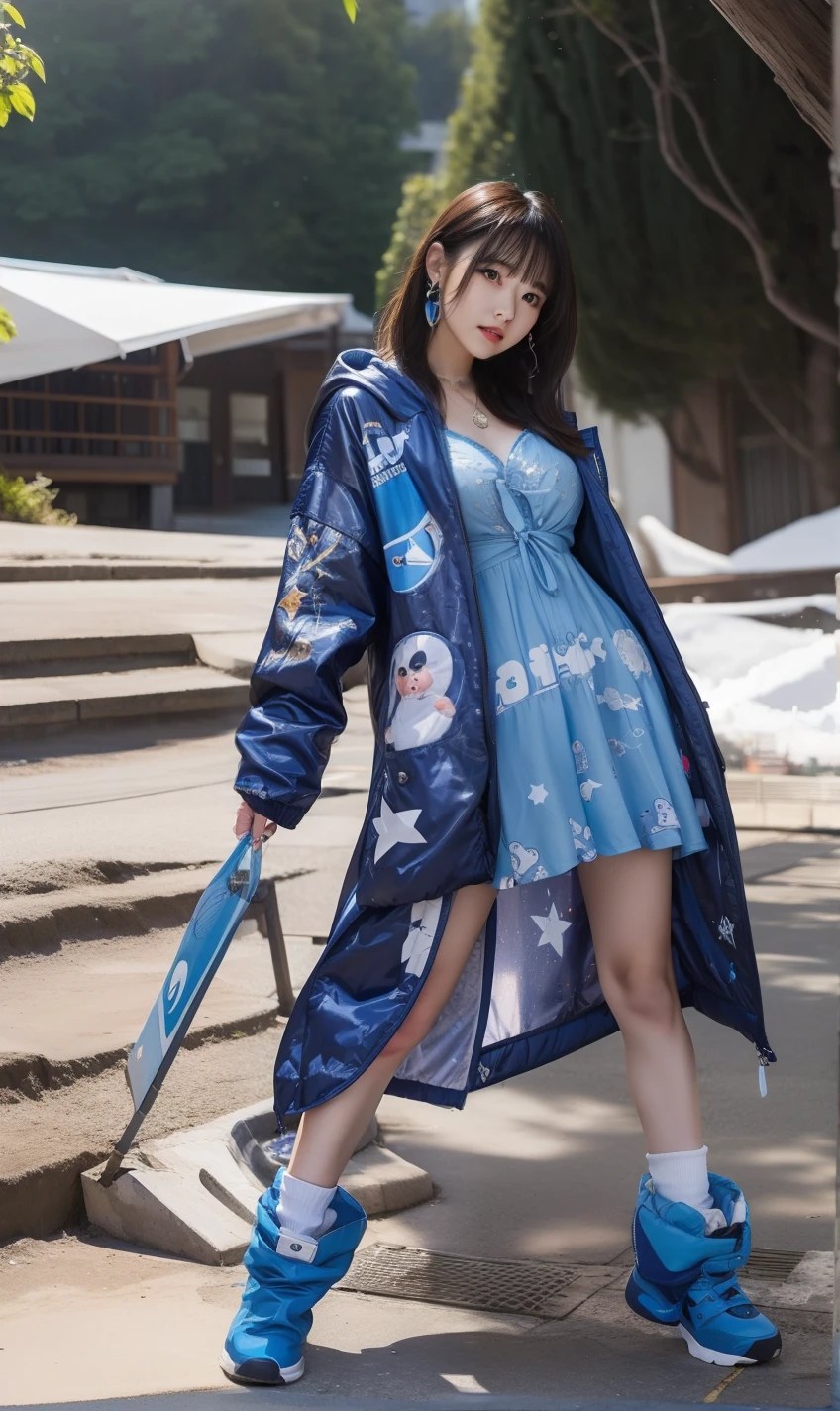 infp young woman、Good Style、、Blue mini dress with galactic pattern、Idol face、large full breasts、Long jacket、