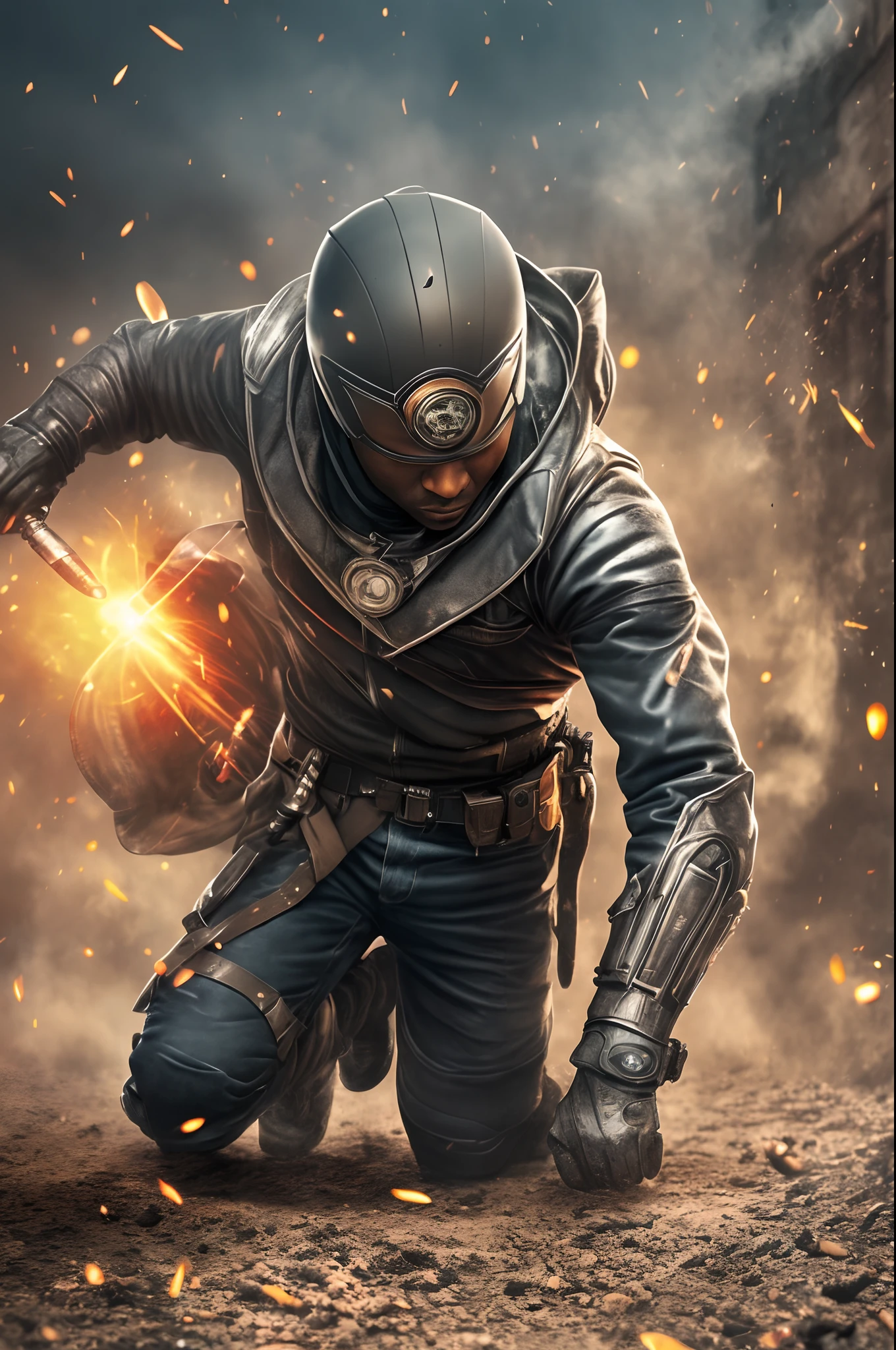 Black man shooting his shadow on the ground, aggressive gunshots that disperses dust in the air,bullets flying, dust particles floating in air, action movie scene fight, john woo movie, zack snyder movie, Christopher Nolan movie, moonlight reflecting on the dust particles, with iridescent light, photorealistic image, 32k, ultra HD, cinematic lighting, artgerm style --auto --s2