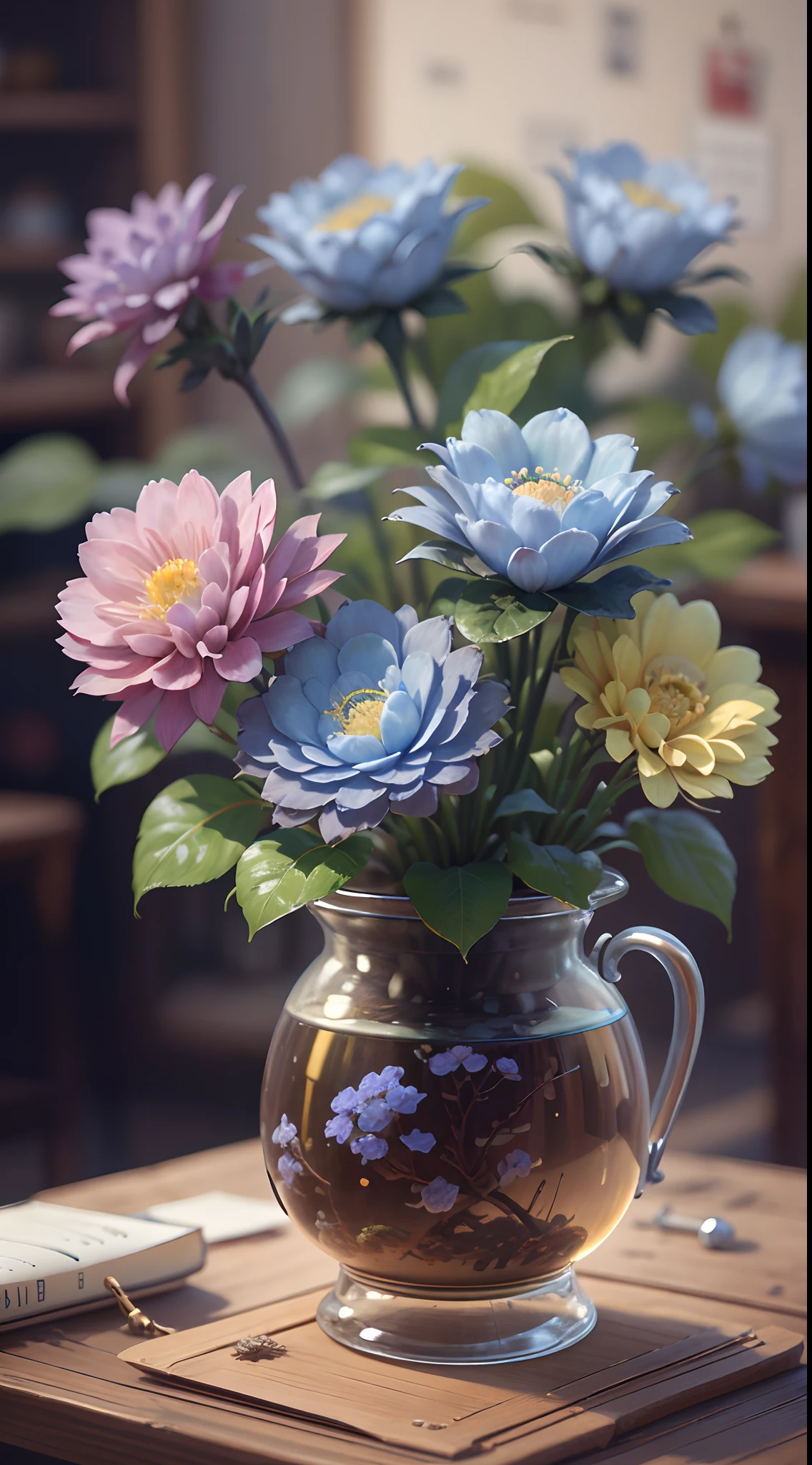 best qualtiy，tmasterpiece，超高分辨率，（photograph realistic：1.4），ultra-realistic realism， Blue Shigan flowers bloom in a dieselpunk AI pot